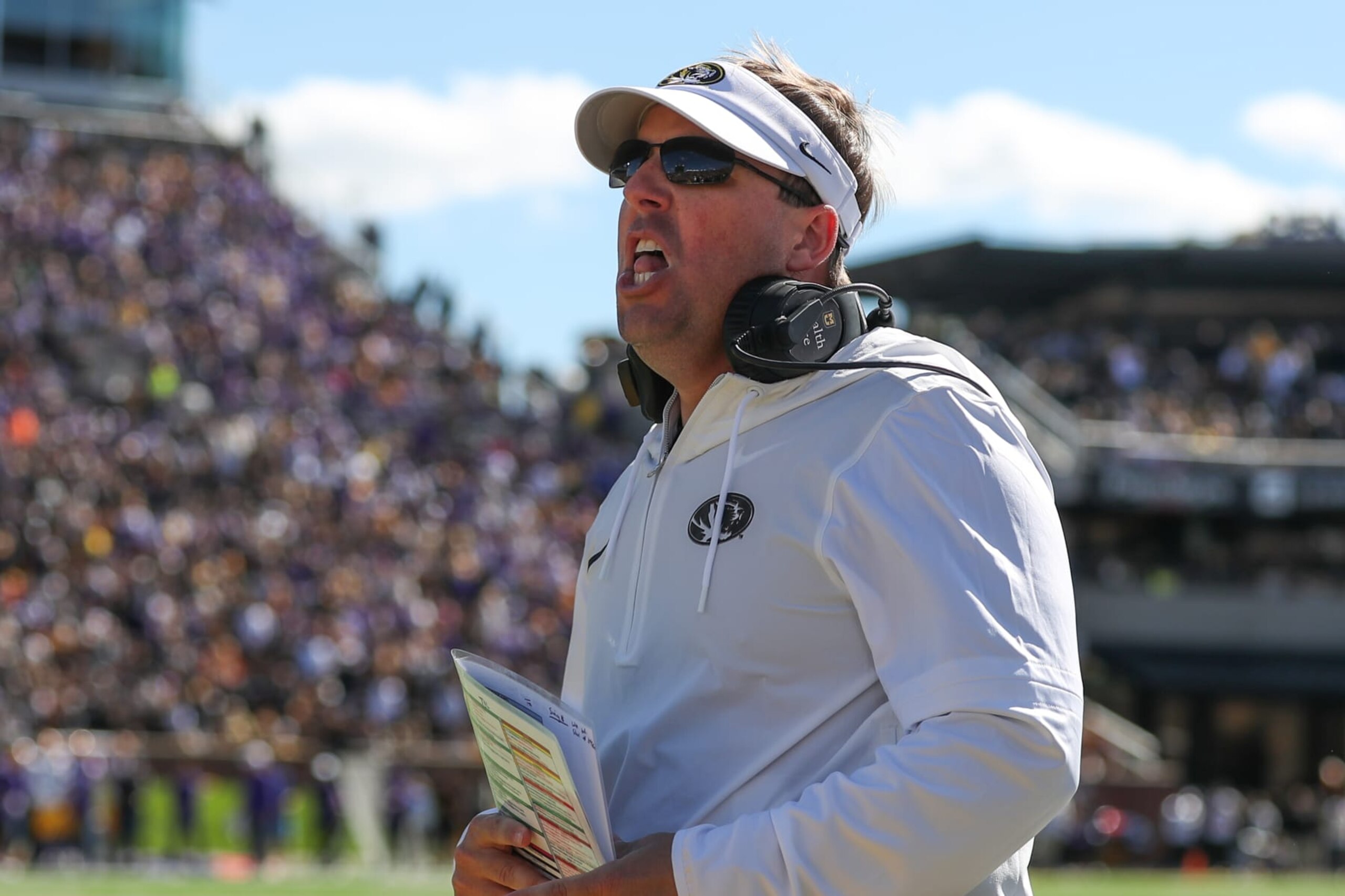 COLUMBIA, MO - OCTOBER 07: Missouri Tigers head coach Eli Drinkwitz yells to argue a missed face mask in the fourth quarter of an SEC football game between the LSU Tigers and Missouri Tigers on Oct 7, 2023 at Memorial Stadium in Columbia, MO. (Photo by Scott Winters/Icon Sportswire via Getty Images)