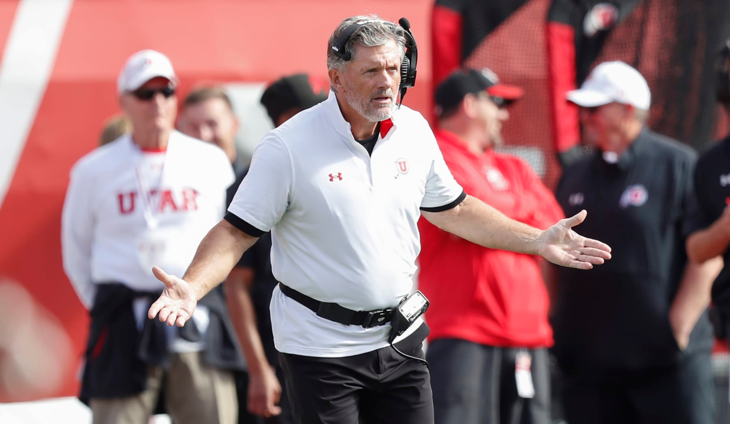 SALT LAKE CITY, UT - OCTOBER 14: Head coach Kyle Whittingham of the Utah Utes questions an official's call during the first half of their game against the California Golden Bears at Rice-Eccles Stadium October 14, 2023 in Salt Lake City, Utah. (Photo by Chris Gardner/Getty Images)