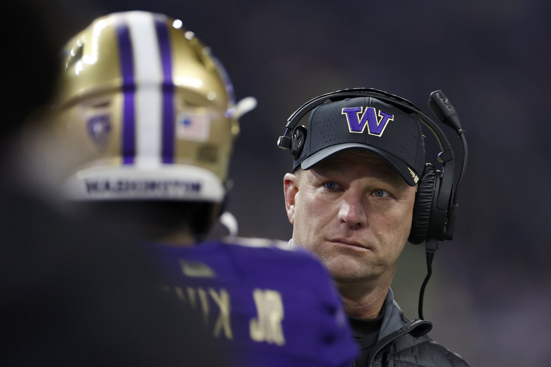 SEATTLE, WASHINGTON - NOVEMBER 19: Head coach Kalen DeBoer of the Washington Huskies  looks on during the second quarter against the Colorado Buffaloes at Husky Stadium on November 19, 2022 in Seattle, Washington. (Photo by Steph Chambers/Getty Images)