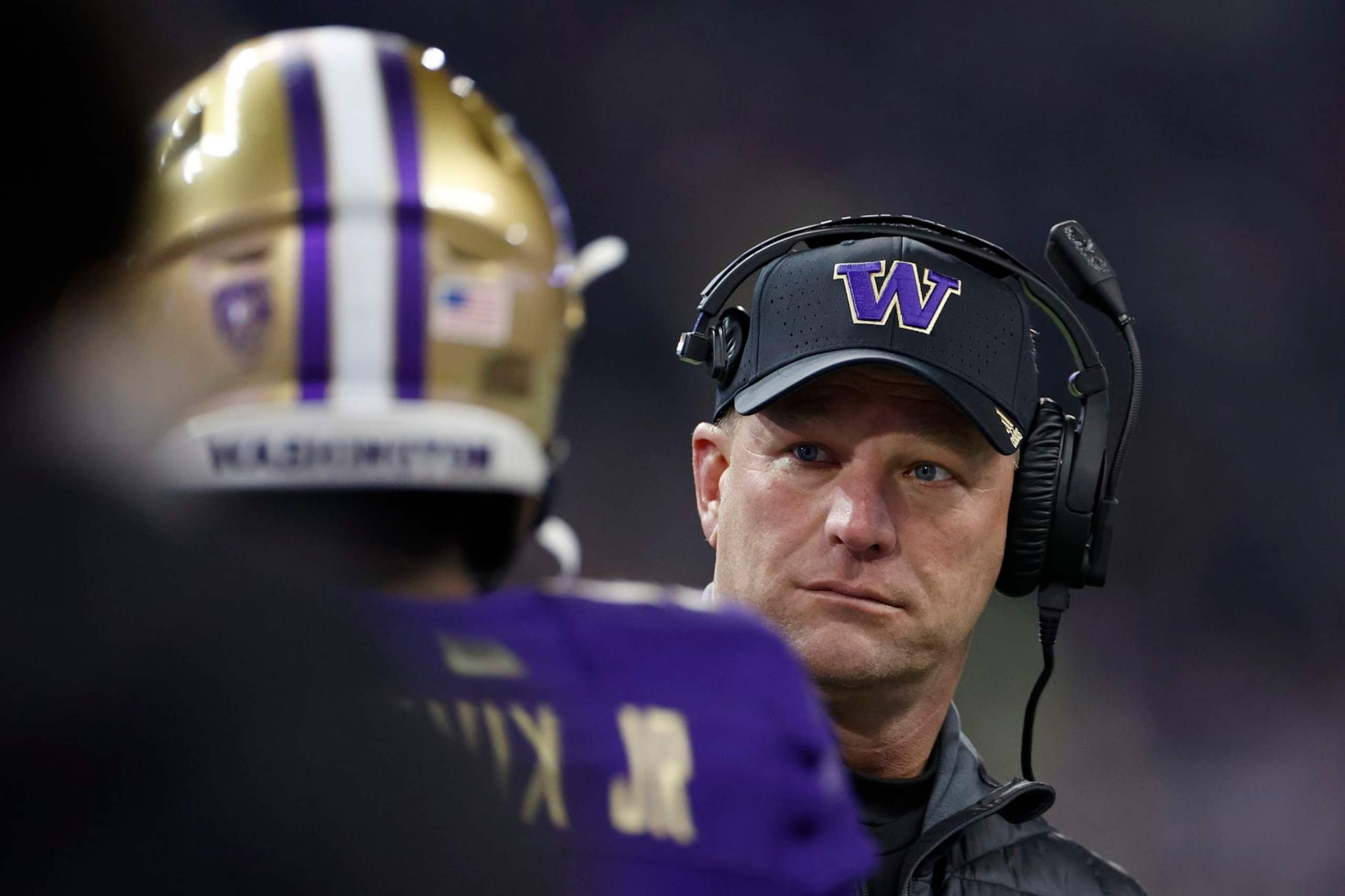SEATTLE, WASHINGTON - NOVEMBER 19: Head coach Kalen DeBoer of the Washington Huskies  looks on during the second quarter against the Colorado Buffaloes at Husky Stadium on November 19, 2022 in Seattle, Washington. (Photo by Steph Chambers/Getty Images)