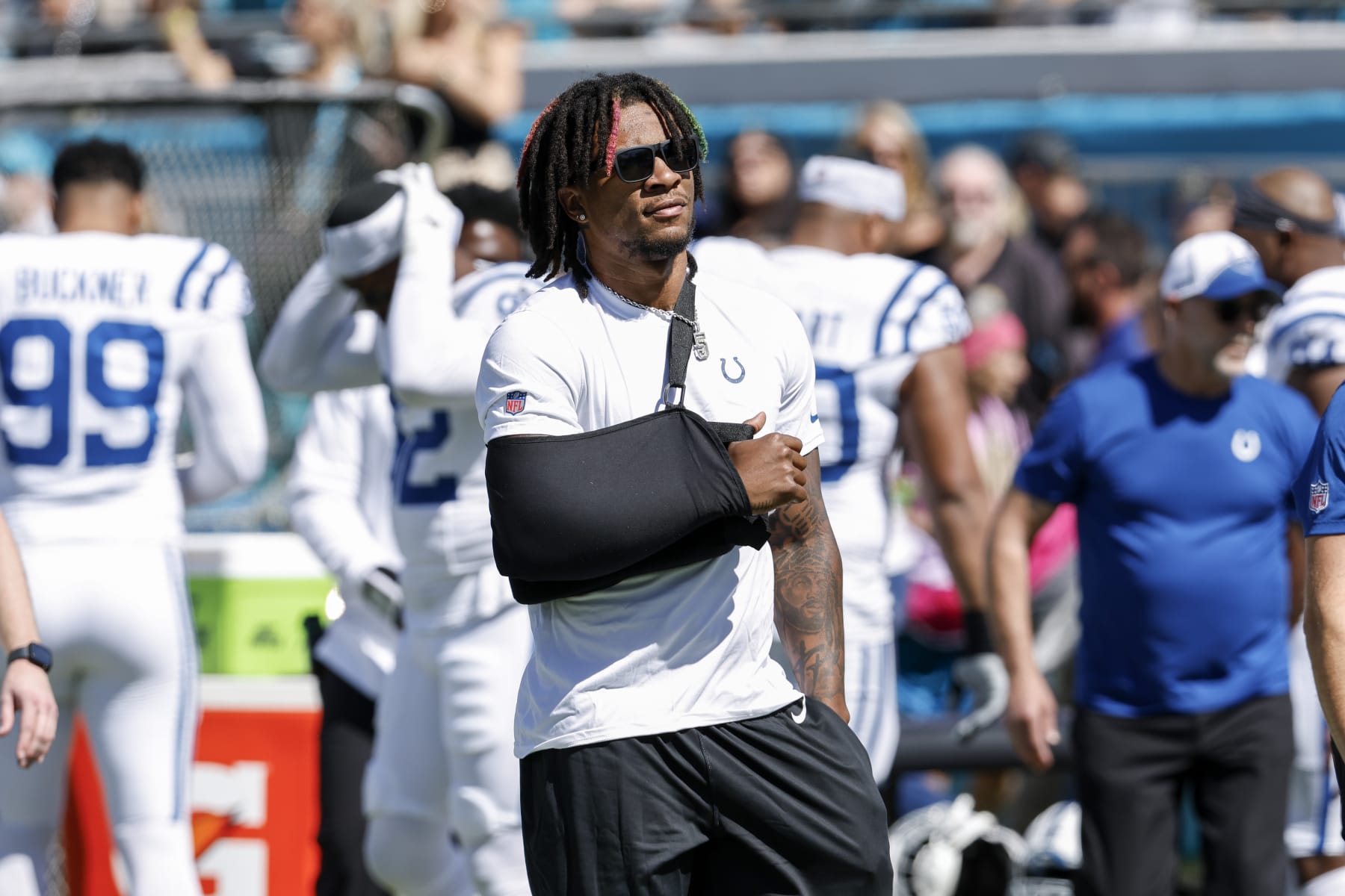 JACKSONVILLE, FL - OCTOBER 15: Quarterback Anthony Richardson #5 of the Indianapolis Colts on the sidelines during the game against the Jacksonville Jaguars at EverBank Stadium on October 15, 2023 in Jacksonville, Florida. The Jaguars defeated the Colts 37-20. (Photo by Don Juan Moore/Getty Images) JACKSONVILLE, FL - OCTOBER 15: Quarterback Anthony Richardson #5 of the Indianapolis Colts on the sidelines during the game against the Jacksonville Jaguars at EverBank Stadium on October 15, 2023 in Jacksonville, Florida. The Jaguars defeated the Colts 37-20. (Photo by Don Juan Moore/Getty Images)