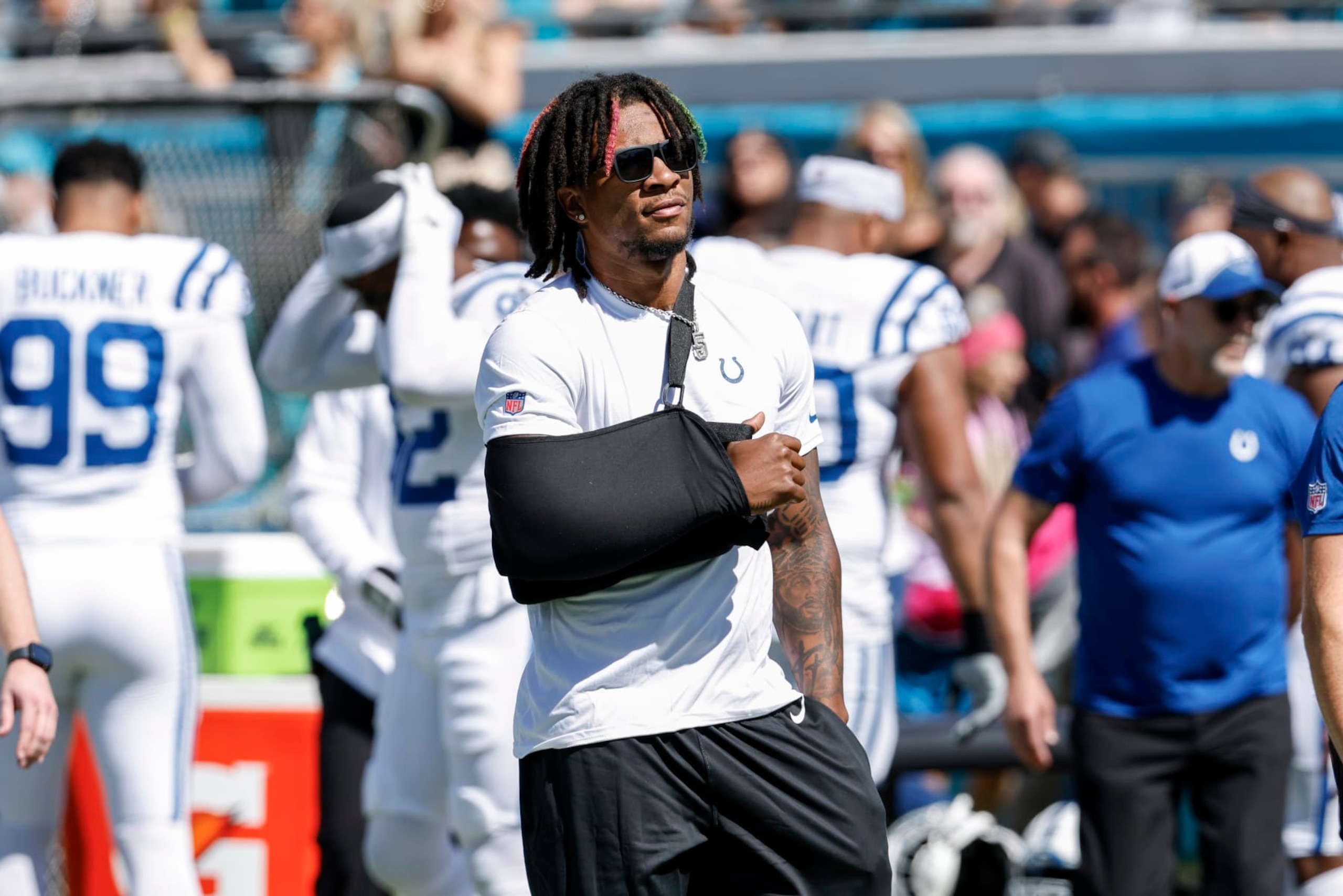 JACKSONVILLE, FL - OCTOBER 15: Quarterback Anthony Richardson #5 of the Indianapolis Colts on the sidelines during the game against the Jacksonville Jaguars at EverBank Stadium on October 15, 2023 in Jacksonville, Florida. The Jaguars defeated the Colts 37-20. (Photo by Don Juan Moore/Getty Images) JACKSONVILLE, FL - OCTOBER 15: Quarterback Anthony Richardson #5 of the Indianapolis Colts on the sidelines during the game against the Jacksonville Jaguars at EverBank Stadium on October 15, 2023 in Jacksonville, Florida. The Jaguars defeated the Colts 37-20. (Photo by Don Juan Moore/Getty Images)