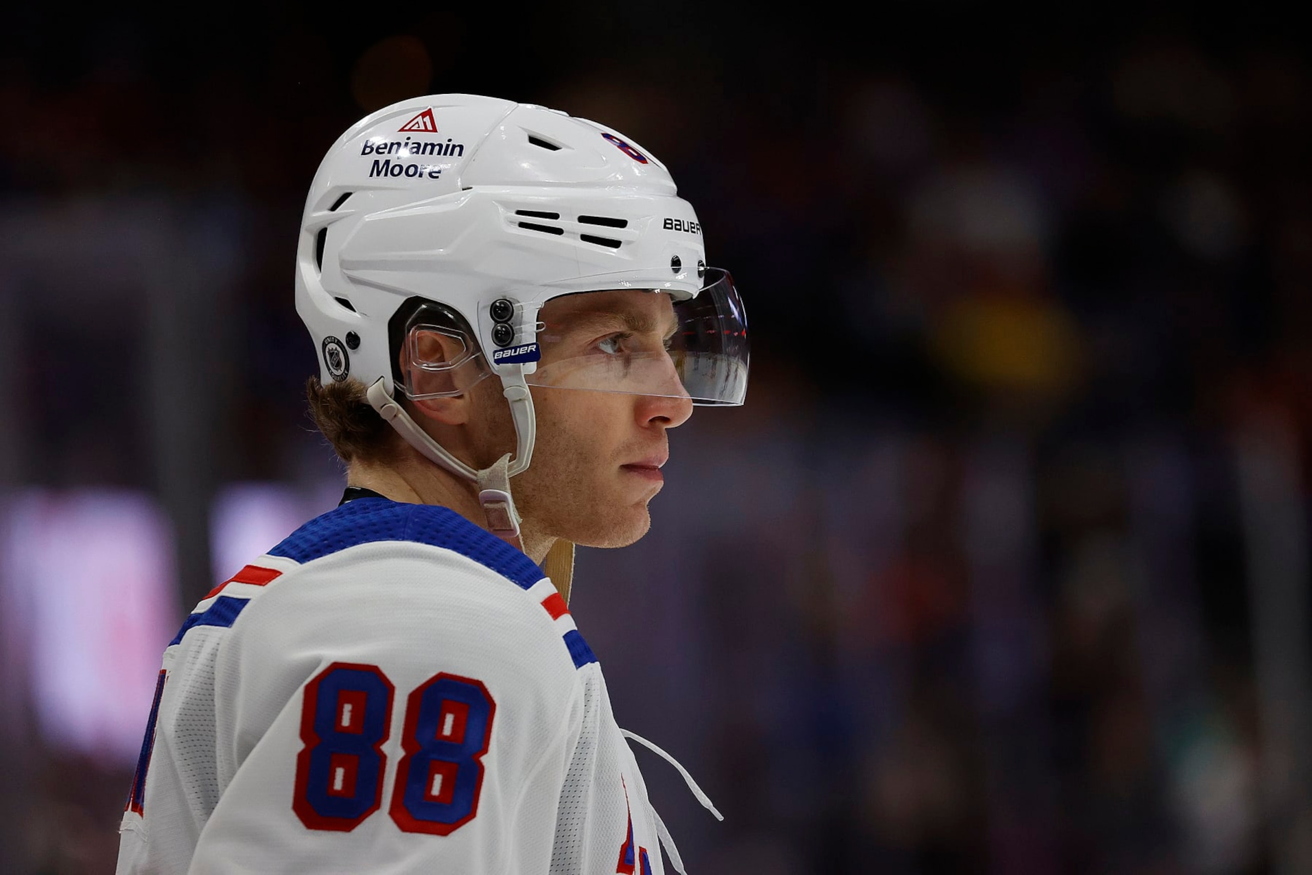 SUNRISE, FLORIDA - MARCH 25: Patrick Kane #88 of the New York Rangers skates the ice during a break in the action against the Florida Panthers at the FLA Live Arena on March 25, 2023 in Sunrise, Florida. (Photo by Eliot J. Schechter/NHLI via Getty Images)