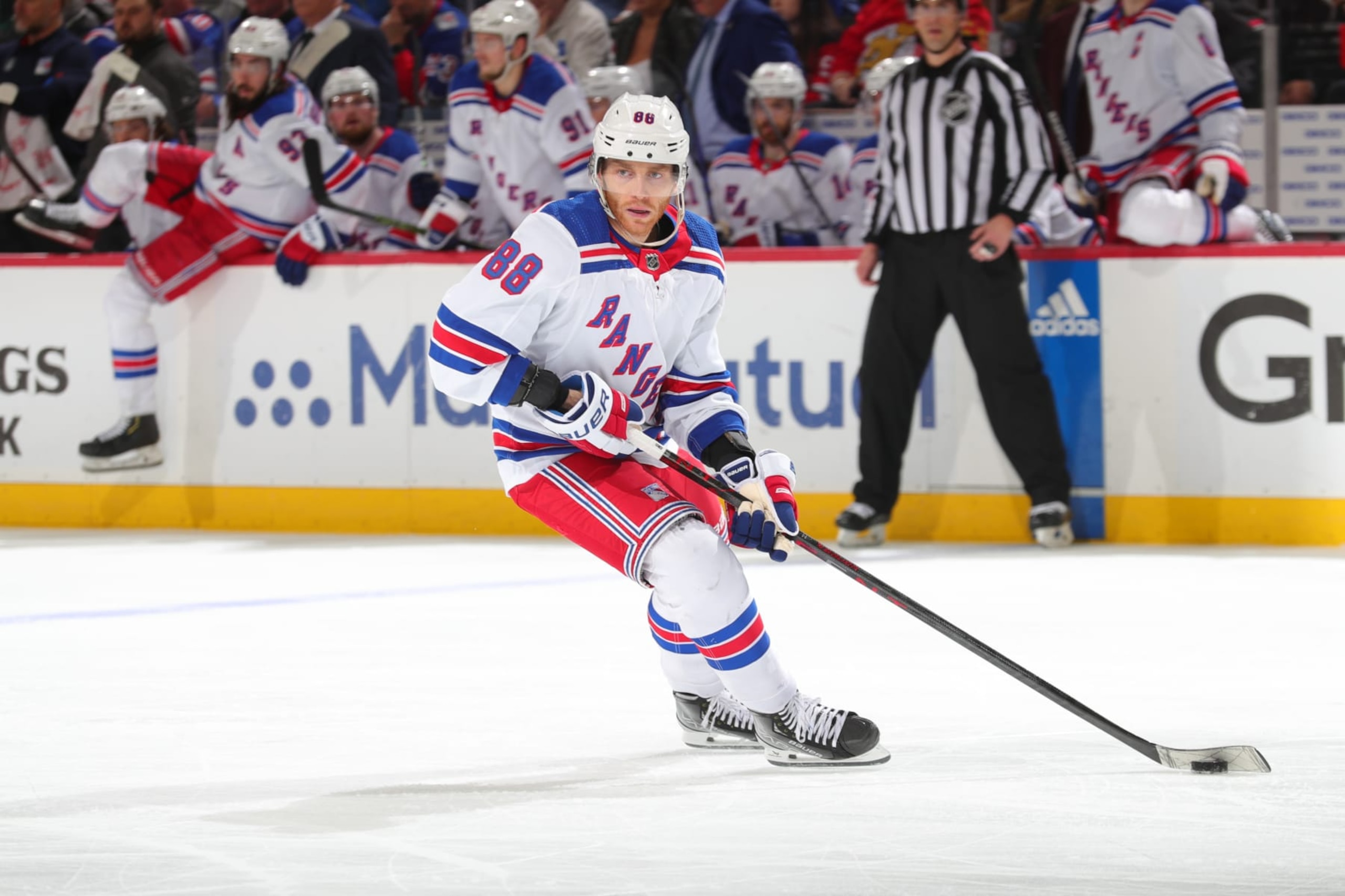 NEWARK, NJ - MAY 01: Patrick Kane #88 of the New York Rangers skates in the third period of Game Seven of the First Round of the 2023 Stanley Cup Playoffs against the New Jersey Devils at the Prudential Center on May 1, 2023 in Newark, New Jersey.  (Photo by Rich Graessle/NHLI via Getty Images)