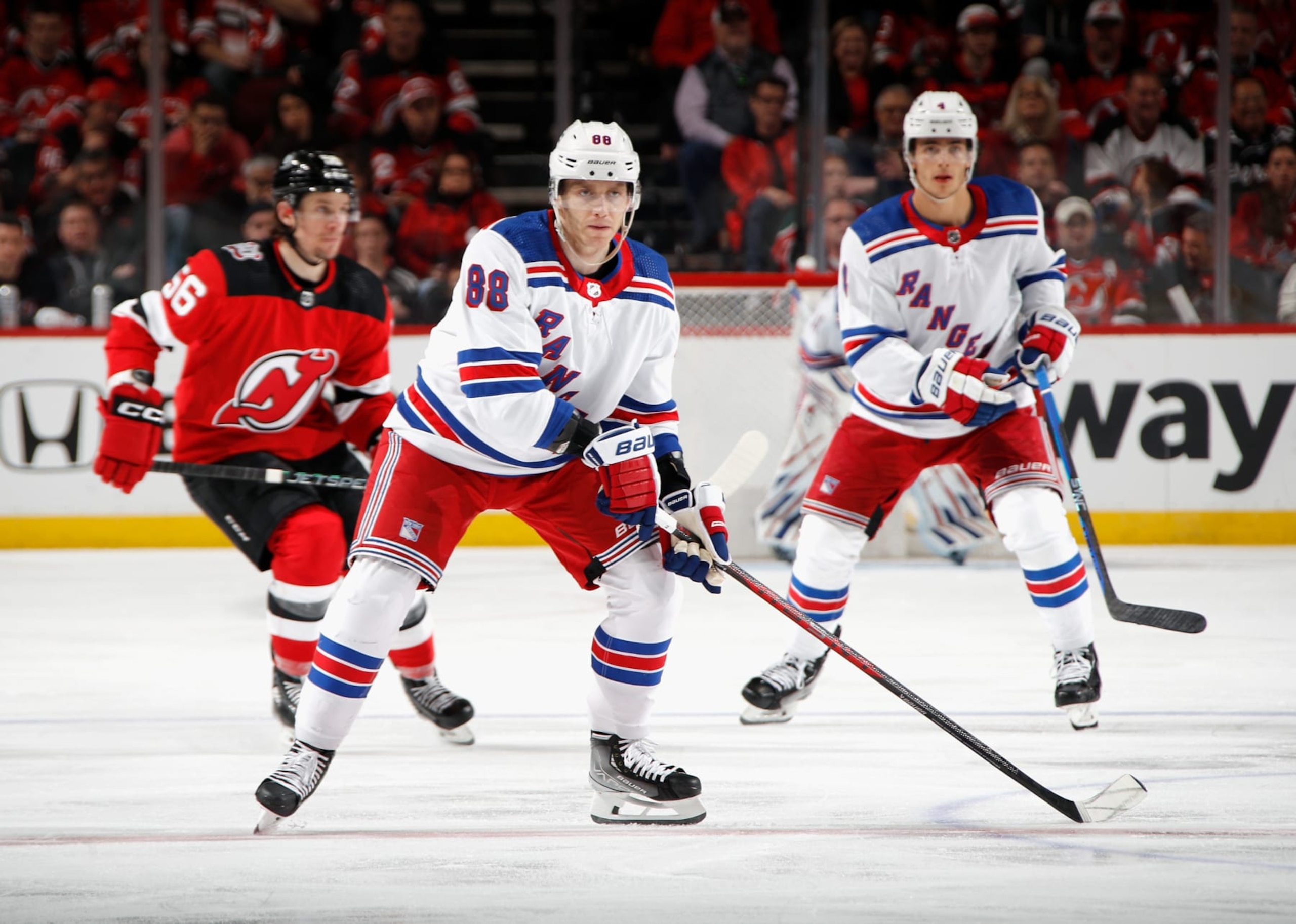 NEWARK, NEW JERSEY - APRIL 18: Patrick Kane #88 of the New York Rangers skates against the New Jersey Devils during Game One in the First Round of the 2023 Stanley Cup Playoffs at the Prudential Center on April 18, 2023 in Newark, New Jersey. (Photo by Bruce Bennett/Getty Images)