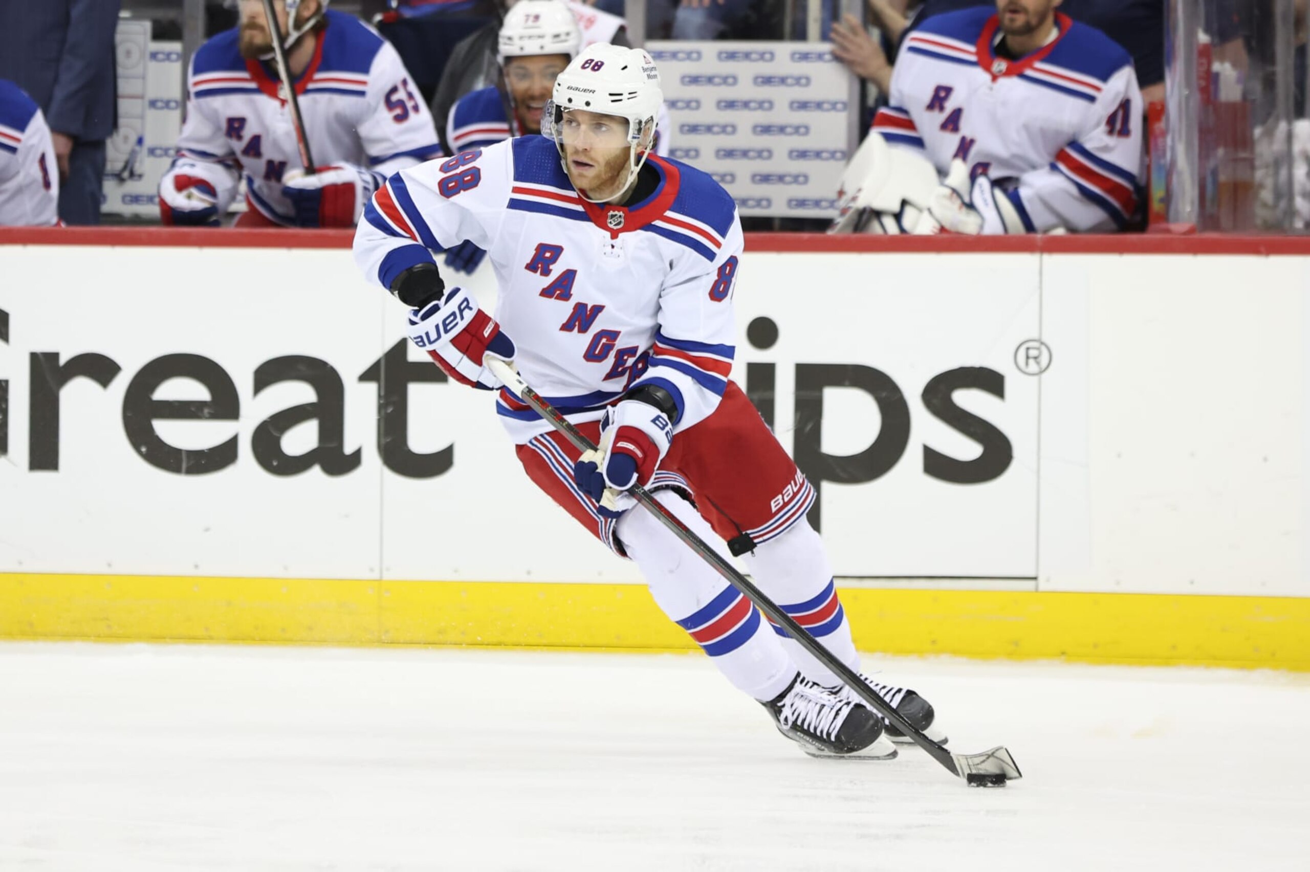 NEWARK, NJ - MAY 01: New York Rangers right wing Patrick Kane (88) skates with the puck during Game 7 of an Eastern Conference First Round playoff game between the New York Rangers and the New Jersey Devils on May 1, 2023, at Prudential Center in Newark, New Jersey. (Photo by Andrew Mordzynski/Icon Sportswire via Getty Images)