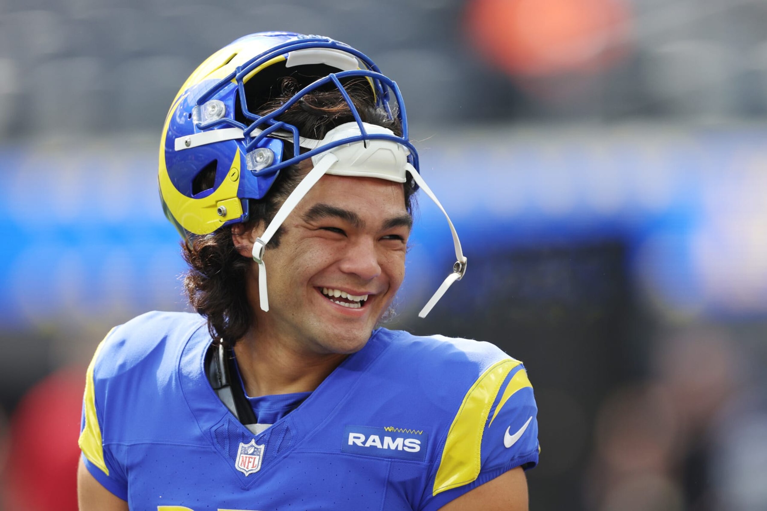 INGLEWOOD, CALIFORNIA - OCTOBER 15: Puka Nacua #17 of the Los Angeles Rams reacts before the game against the Arizona Cardinals at SoFi Stadium on October 15, 2023 in Inglewood, California. (Photo by Harry How/Getty Images)