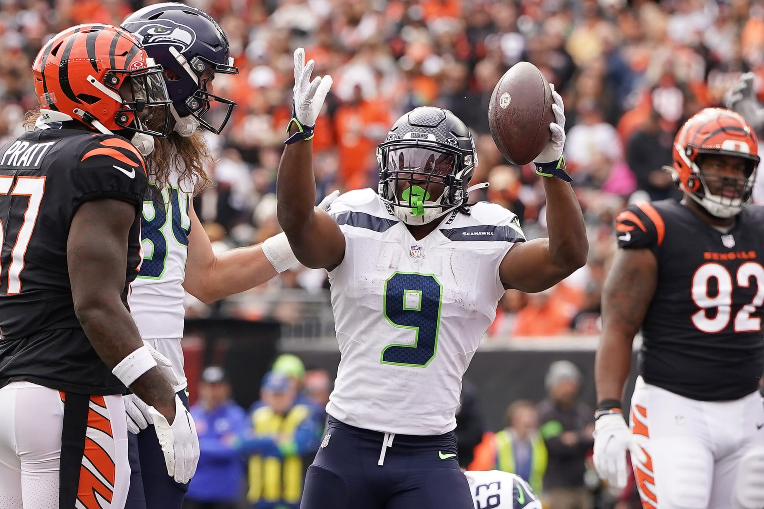 CINCINNATI, OHIO - OCTOBER 15: Kenneth Walker III #9 of the Seattle Seahawks celebrates after scoring a touchdown during the first quarter against the Cincinnati Bengals at Paycor Stadium on October 15, 2023 in Cincinnati, Ohio. (Photo by Dylan Buell/Getty Images)