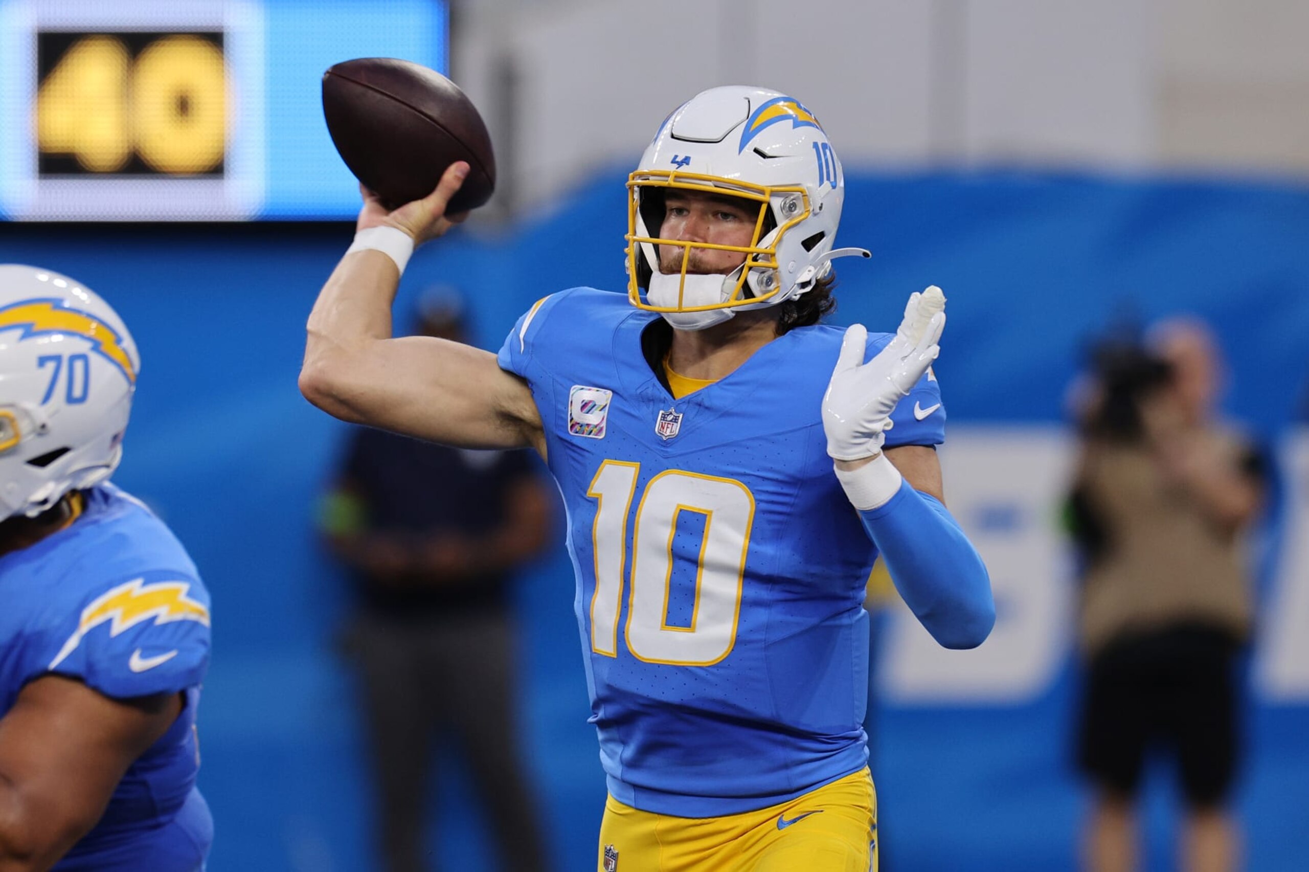 INGLEWOOD, CALIFORNIA - OCTOBER 16: Justin Herbert #10 of the Los Angeles Chargers looks to pass in the first half against the Dallas Cowboys at SoFi Stadium on October 16, 2023 in Inglewood, California. (Photo by Kevork Djansezian/Getty Images)