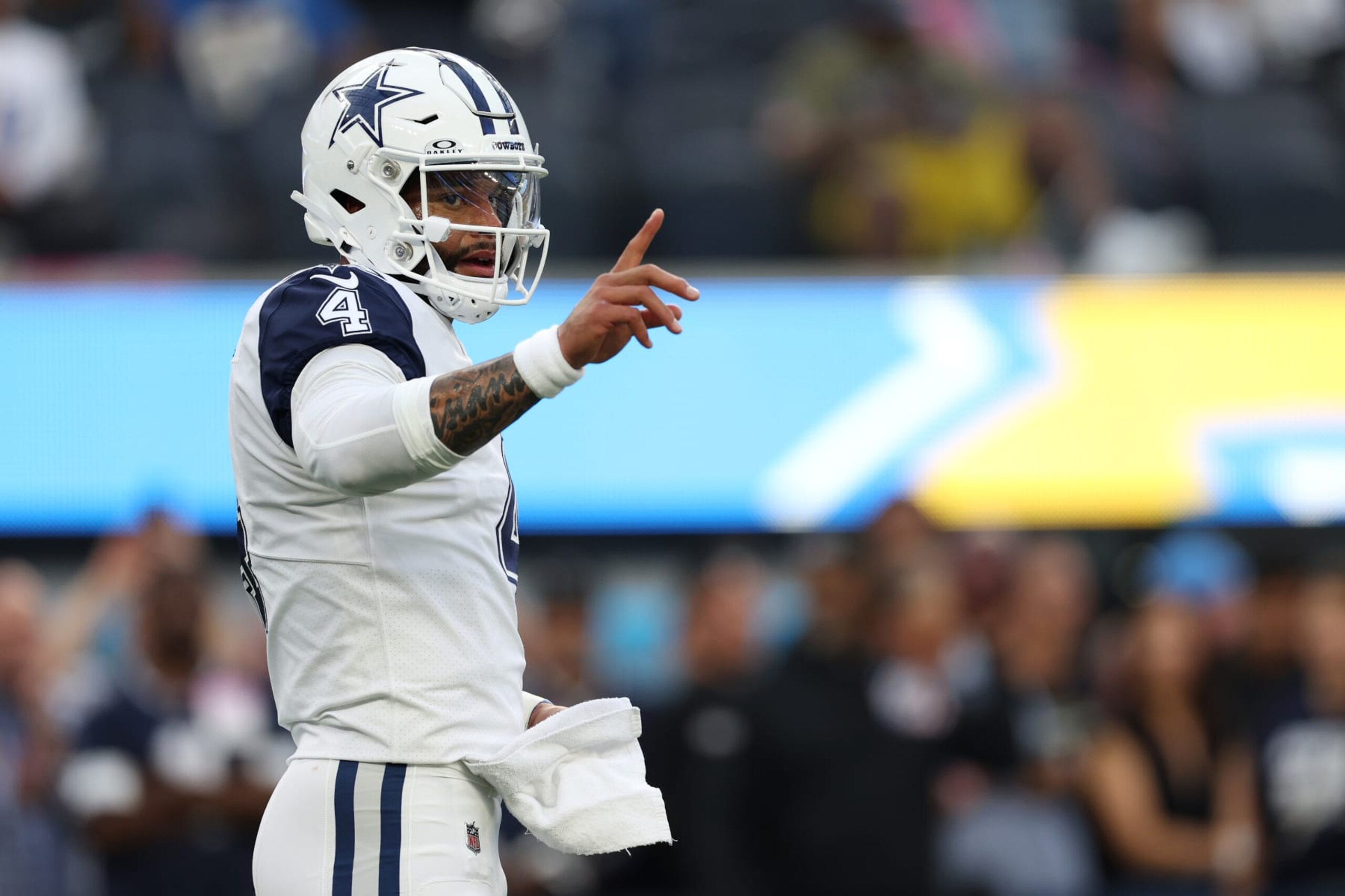 INGLEWOOD, CALIFORNIA - OCTOBER 16: Dak Prescott #4 of the Dallas Cowboys gestures before the game against the Los Angeles Chargers at SoFi Stadium on October 16, 2023 in Inglewood, California. (Photo by Harry How/Getty Images)