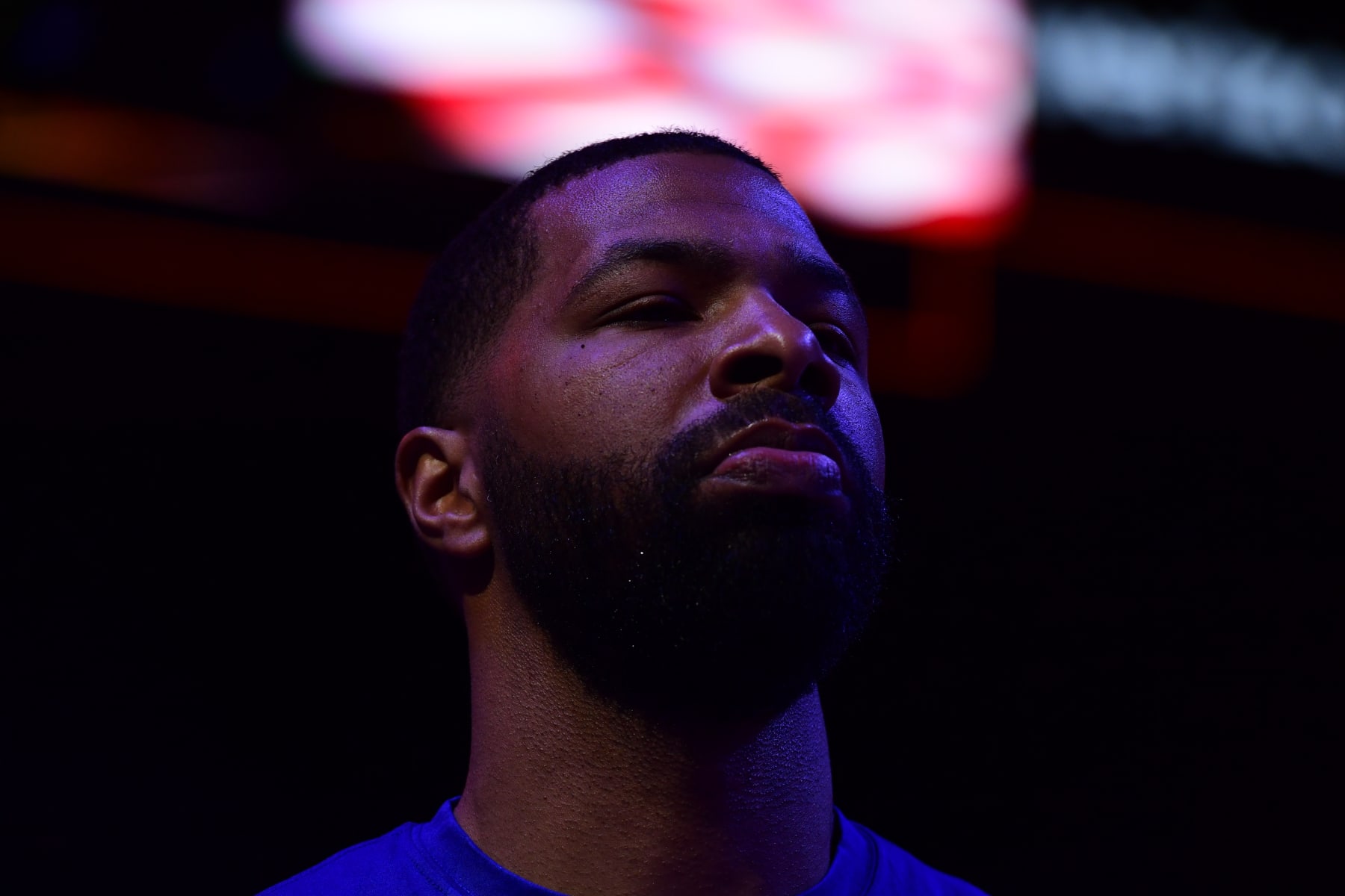 PHOENIX, AZ - APRIL  16: Marcus Morris Sr. #8 of the LA Clippers stands for the National Anthem during Round One Game One of the 2023 NBA Playoffs on April 16, 2023 at Footprint Center in Phoenix, Arizona. NOTE TO USER: User expressly acknowledges and agrees that, by downloading and or using this photograph, user is consenting to the terms and conditions of the Getty Images License Agreement. Mandatory Copyright Notice: Copyright 2023 NBAE (Photo by Kate Frese/NBAE via Getty Images)