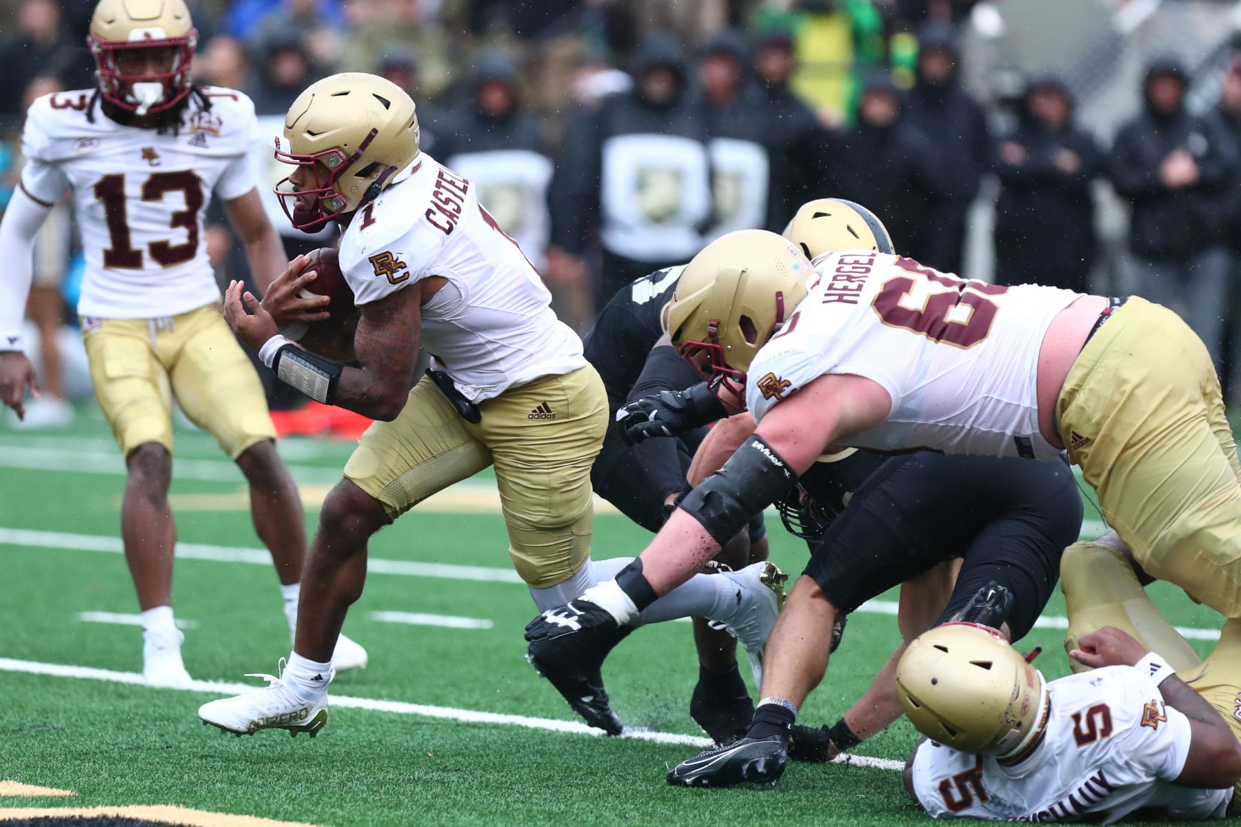 WEST POINT, NEW YORK - OCTOBER 7: Thomas Castellanos #1 of the Boston College Eagles runs for a touchdown against the Army Black Knights in the fourth quarter at Michie Stadium on October 7, 2023 in West Point, New York. (Photo by Edward Diller/Getty Images)