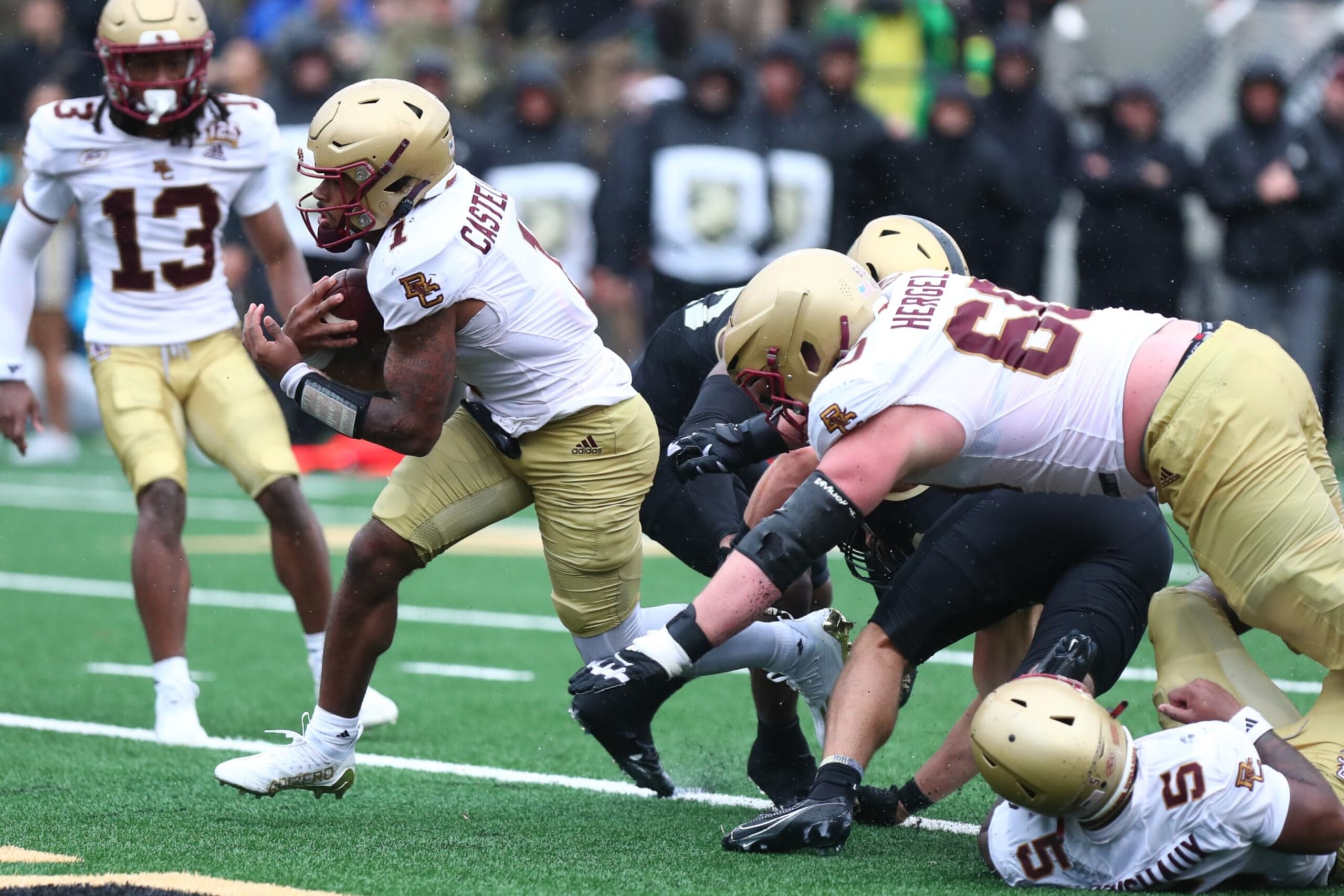 WEST POINT, NEW YORK - OCTOBER 7: Thomas Castellanos #1 of the Boston College Eagles runs for a touchdown against the Army Black Knights in the fourth quarter at Michie Stadium on October 7, 2023 in West Point, New York. (Photo by Edward Diller/Getty Images)