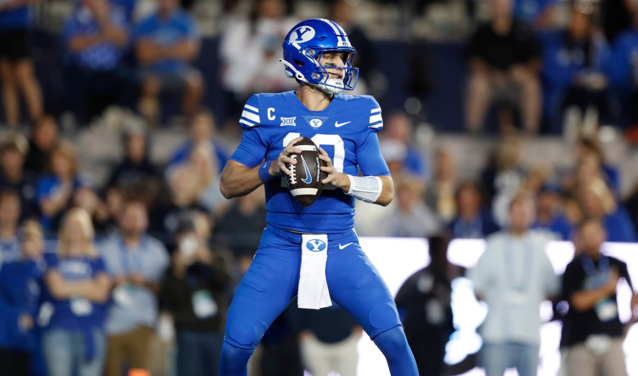 PROVO, UT - SEPTEMBER 29: Kedon Slovis #10 of the Brigham Young Cougars drops in the pocket against the Cincinnati Bearcats during the first half of their game at LaVell Edwards Stadium September 29, 2023 in Provo, Utah. (Photo by Chris Gardner/Getty Images)