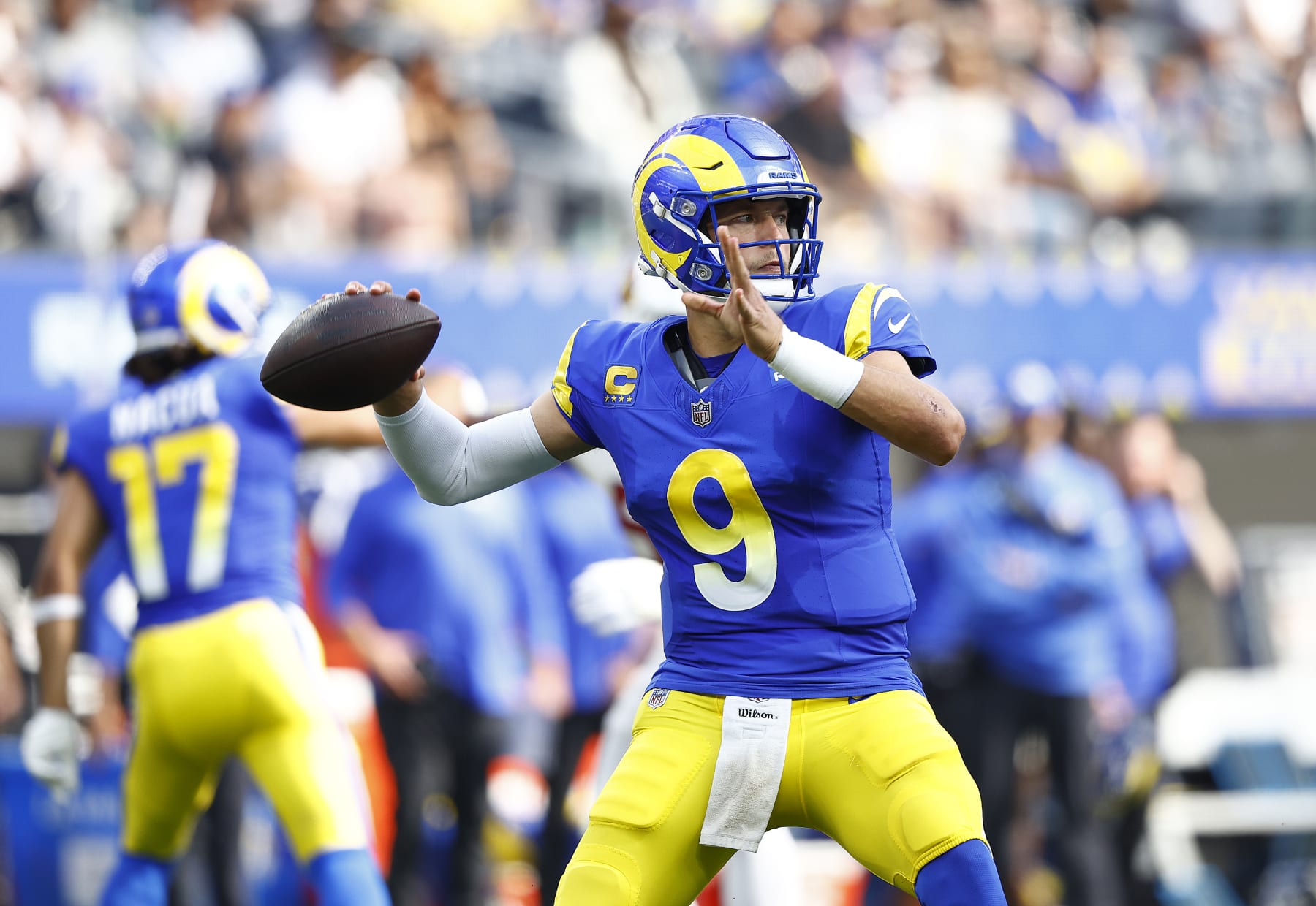 INGLEWOOD, CALIFORNIA - OCTOBER 15:  Matthew Stafford #9 of the Los Angeles Rams at SoFi Stadium on October 15, 2023 in Inglewood, California. (Photo by Ronald Martinez/Getty Images)