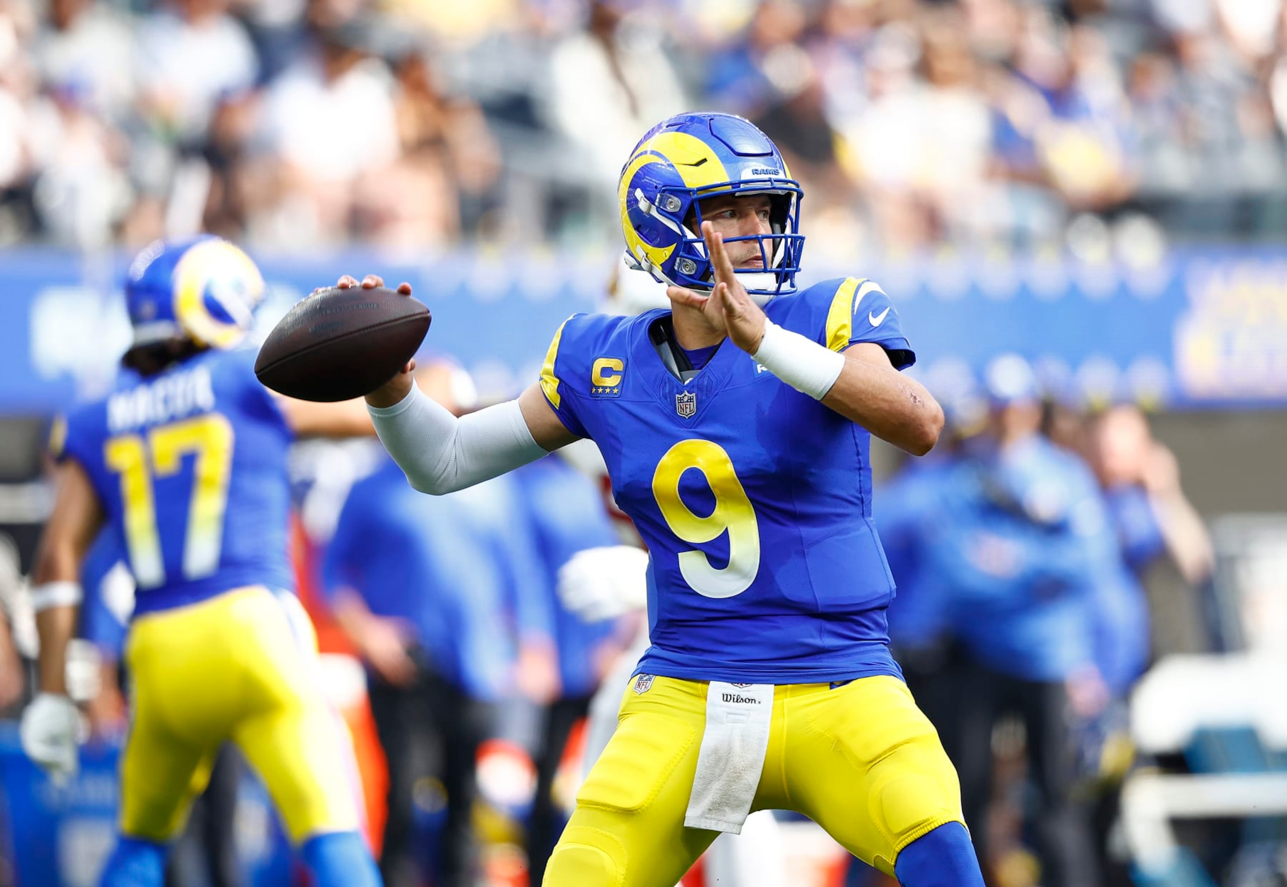 INGLEWOOD, CALIFORNIA - OCTOBER 15:  Matthew Stafford #9 of the Los Angeles Rams at SoFi Stadium on October 15, 2023 in Inglewood, California. (Photo by Ronald Martinez/Getty Images)