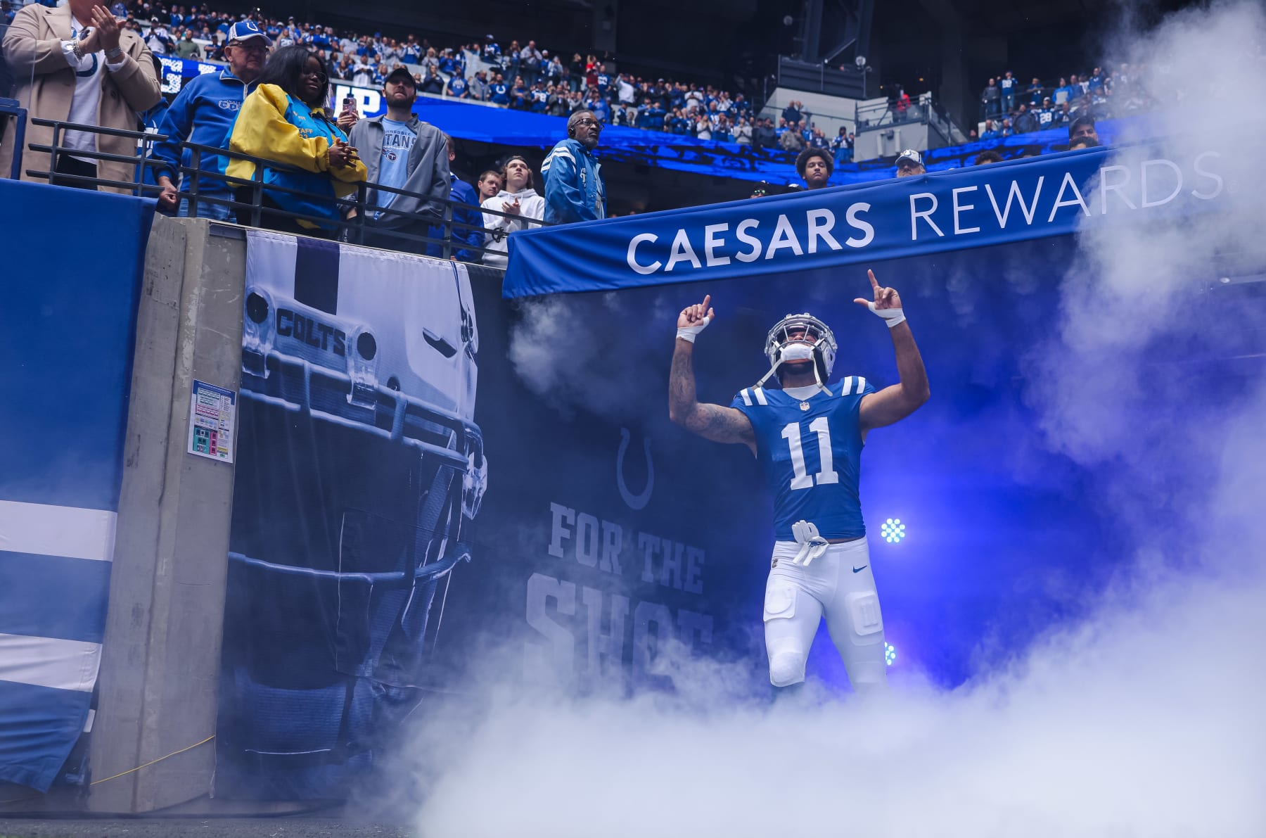 INDIANAPOLIS, INDIANA - OCTOBER 8: Michael Pittman Jr. #11 of the Indianapolis Colts is seen during player introductions before the game against the Tennessee Titans at Lucas Oil Stadium on October 8, 2023 in Indianapolis, Indiana. (Photo by Michael Hickey/Getty Images)