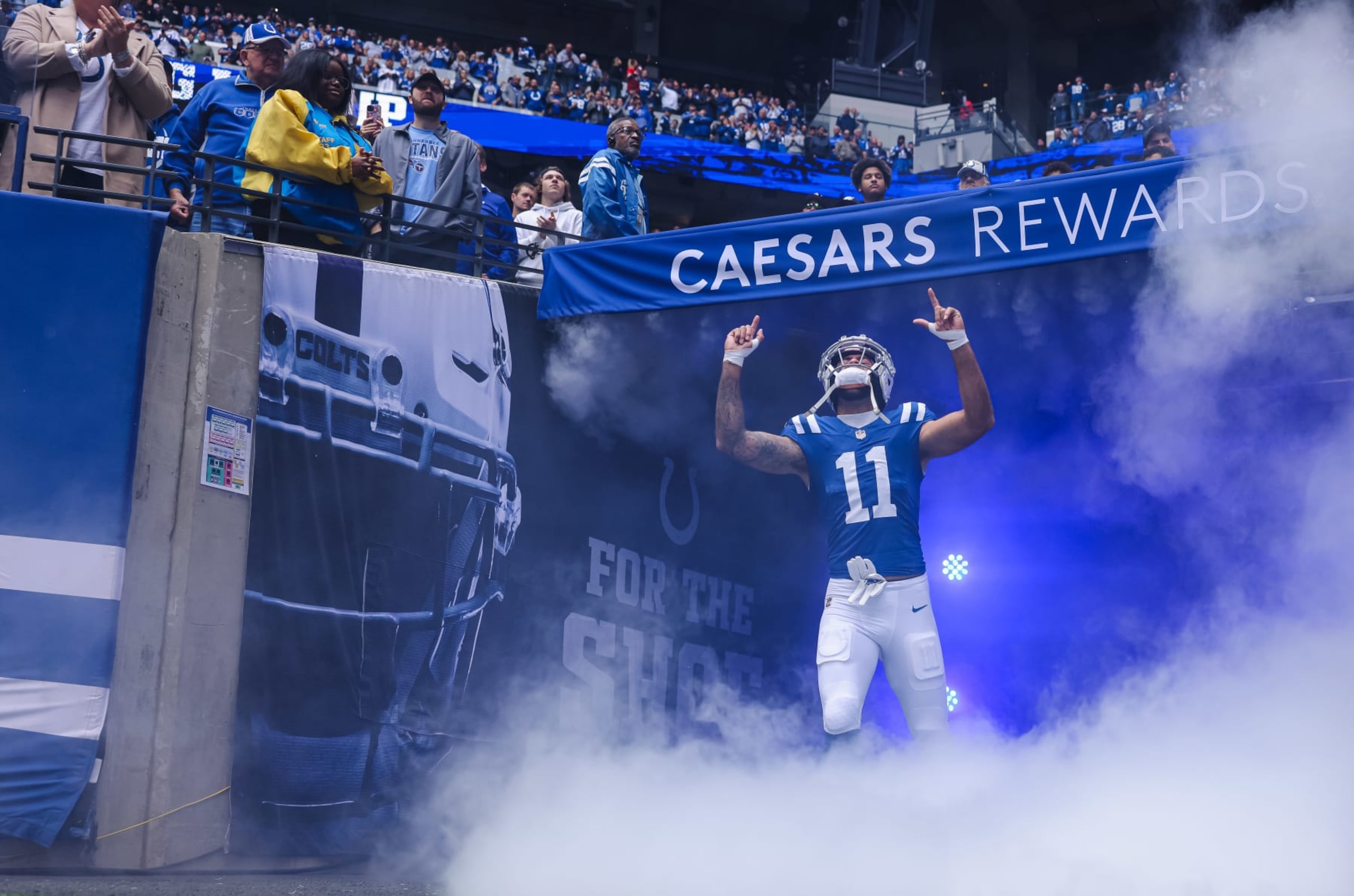 INDIANAPOLIS, INDIANA - OCTOBER 8: Michael Pittman Jr. #11 of the Indianapolis Colts is seen during player introductions before the game against the Tennessee Titans at Lucas Oil Stadium on October 8, 2023 in Indianapolis, Indiana. (Photo by Michael Hickey/Getty Images)
