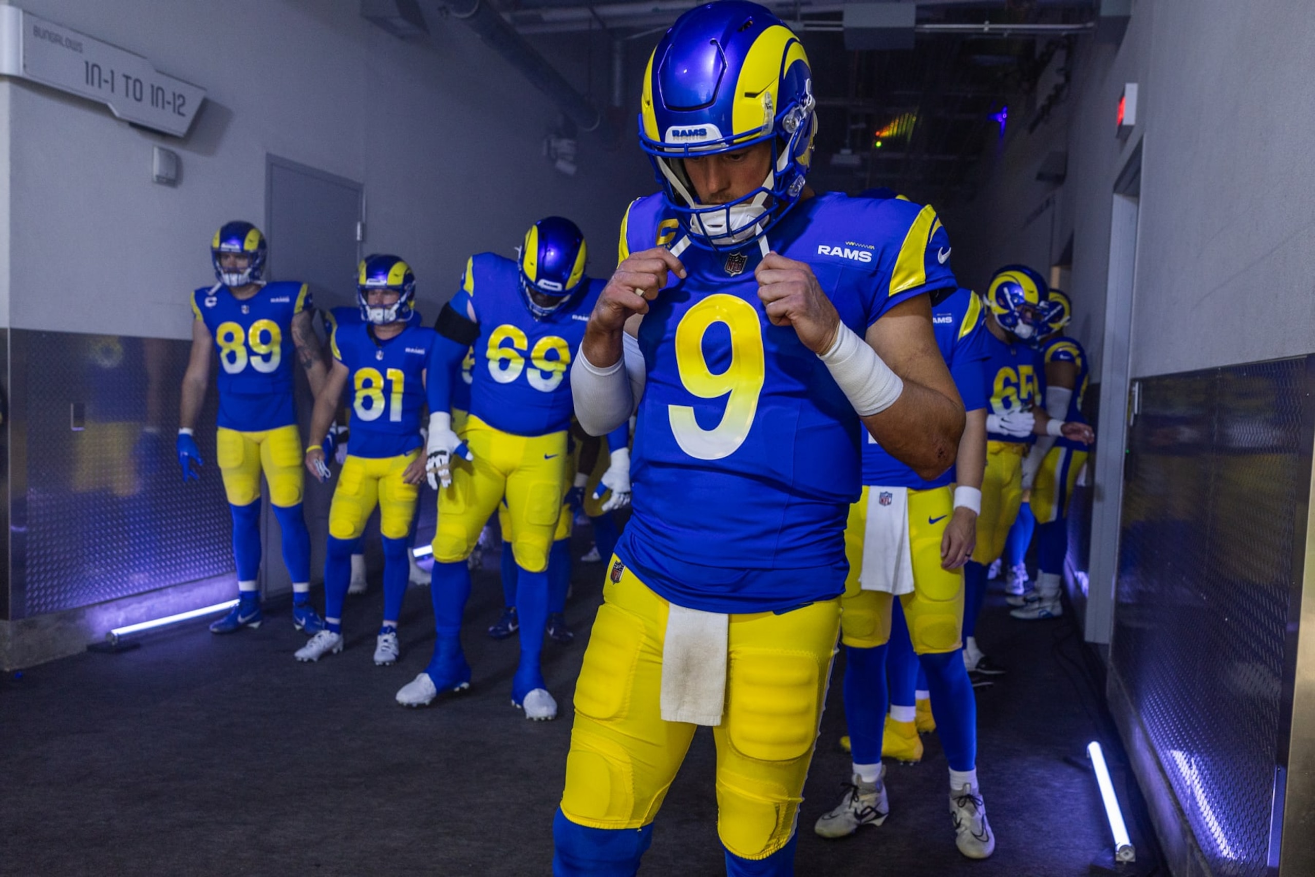 Inglewood, CA, Sunday, October 15, 2023 - Los Angeles Rams quarterback Matthew Stafford (9) leads teammates on to the field to play the Arizona Cardinals at SoFi Stadium.  (Robert Gauthier/Los Angeles Times via Getty Images)