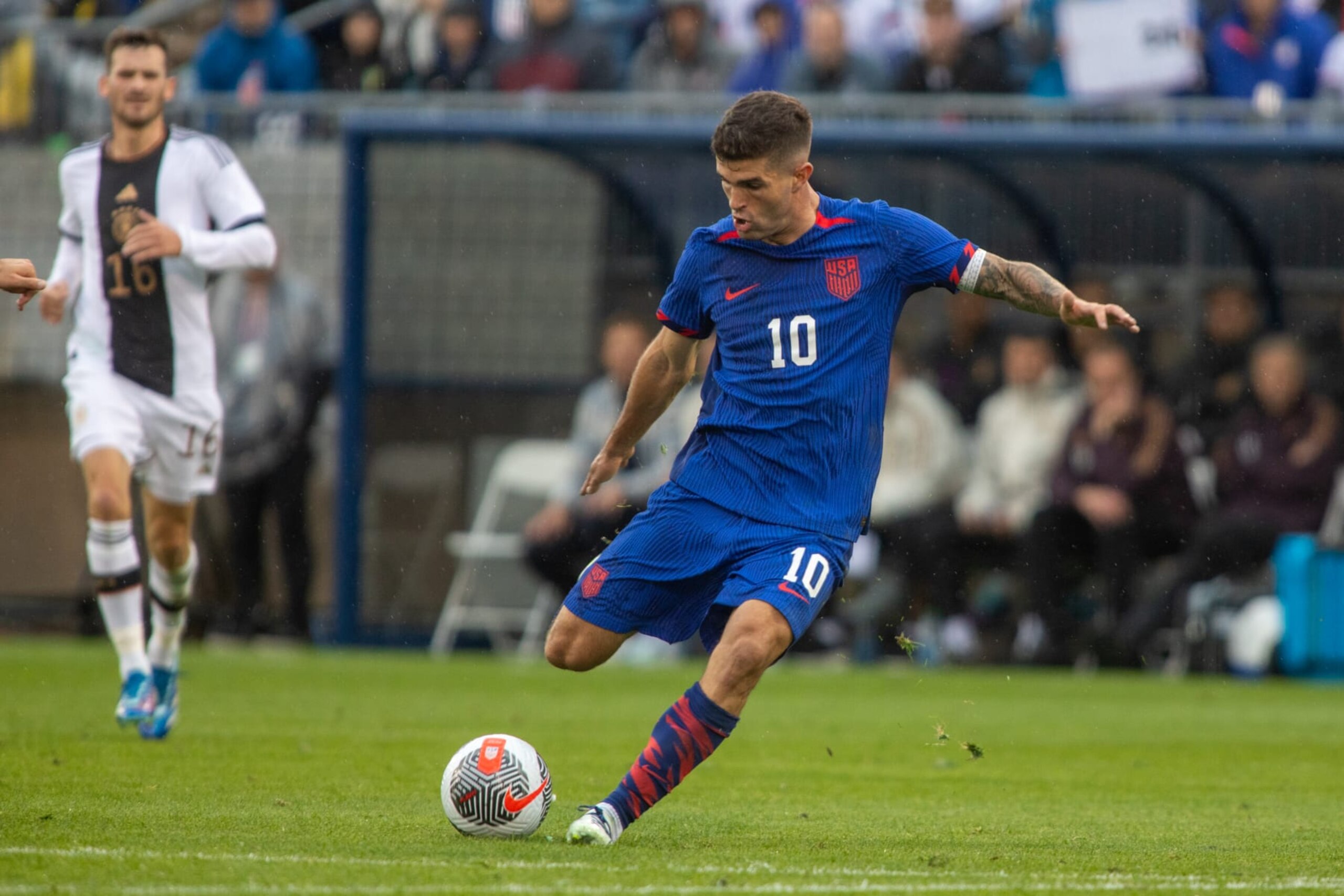 EAST HARTFORD, CT - OCTOBER 14: Christian Pulisic #10 of the United States takes a shot during a game between Germany and USMNT at Pratt & Whitney Stadium at Rentschler Field on October 14, 2023 in East Hartford, Connecticut. (Photo by Doug Zimmerman/ISI Photos/Getty Images)