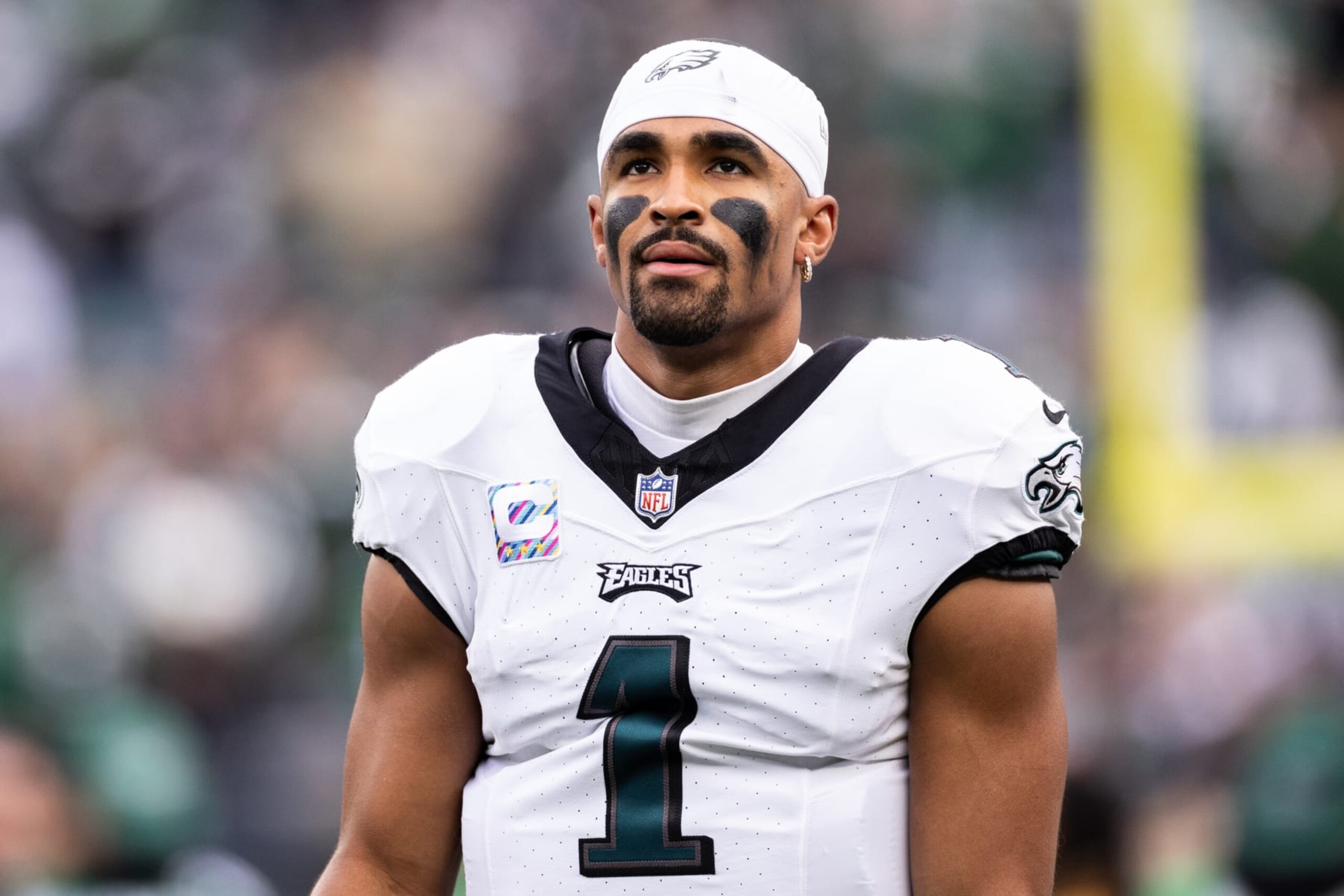 EAST RUTHERFORD, NEW JERSEY - OCTOBER 15: Jalen Hurts #1 of the Philadelphia Eagles looks on prior to the game against the New York Jets at MetLife Stadium on October 15, 2023 in East Rutherford, New Jersey. (Photo by Dustin Satloff/Getty Images)