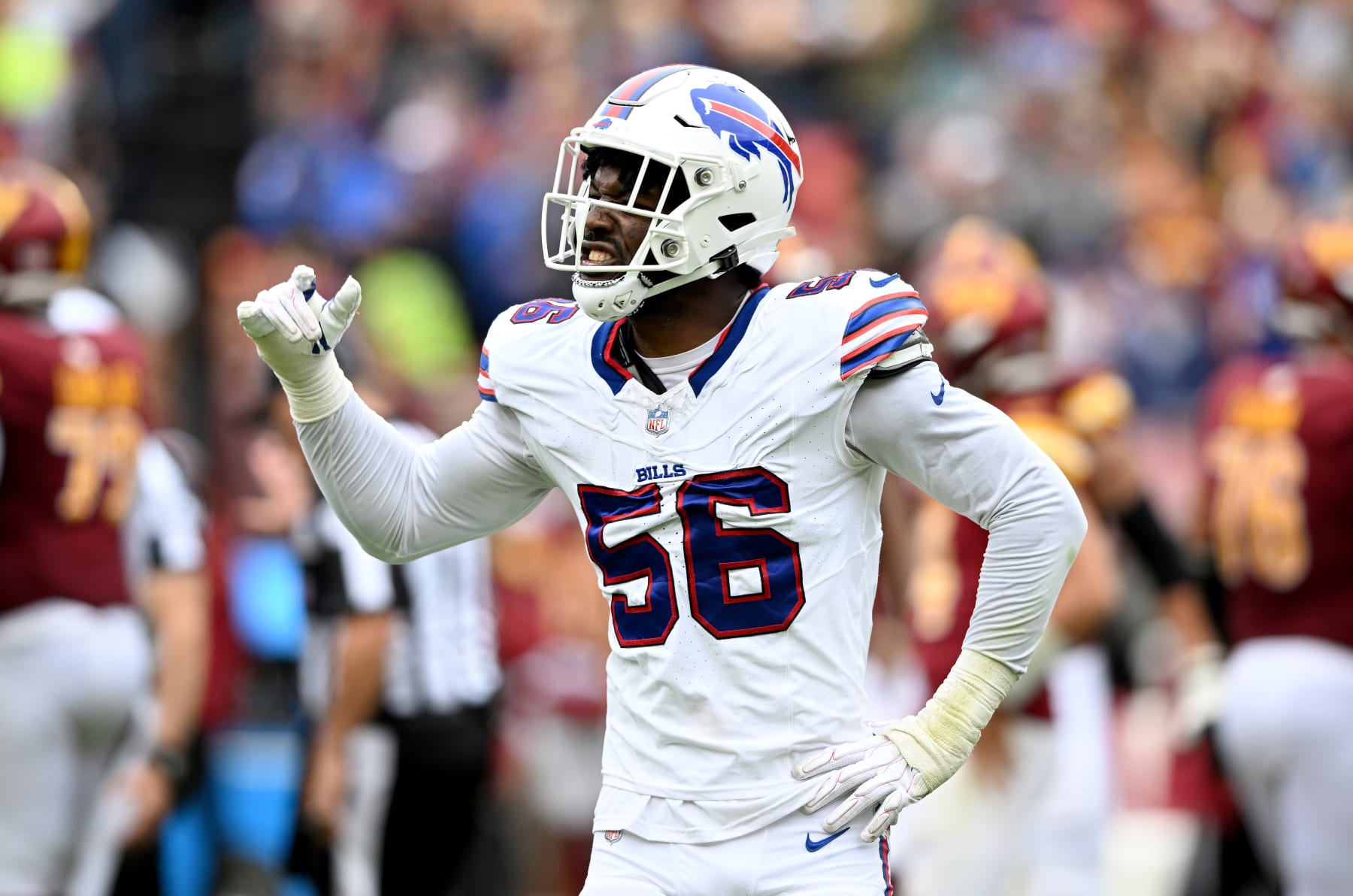 LANDOVER, MARYLAND - SEPTEMBER 24: Leonard Floyd #56 of the Buffalo Bills celebrates during the game against the Washington Commanders at FedExField on September 24, 2023 in Landover, Maryland. (Photo by G Fiume/Getty Images)