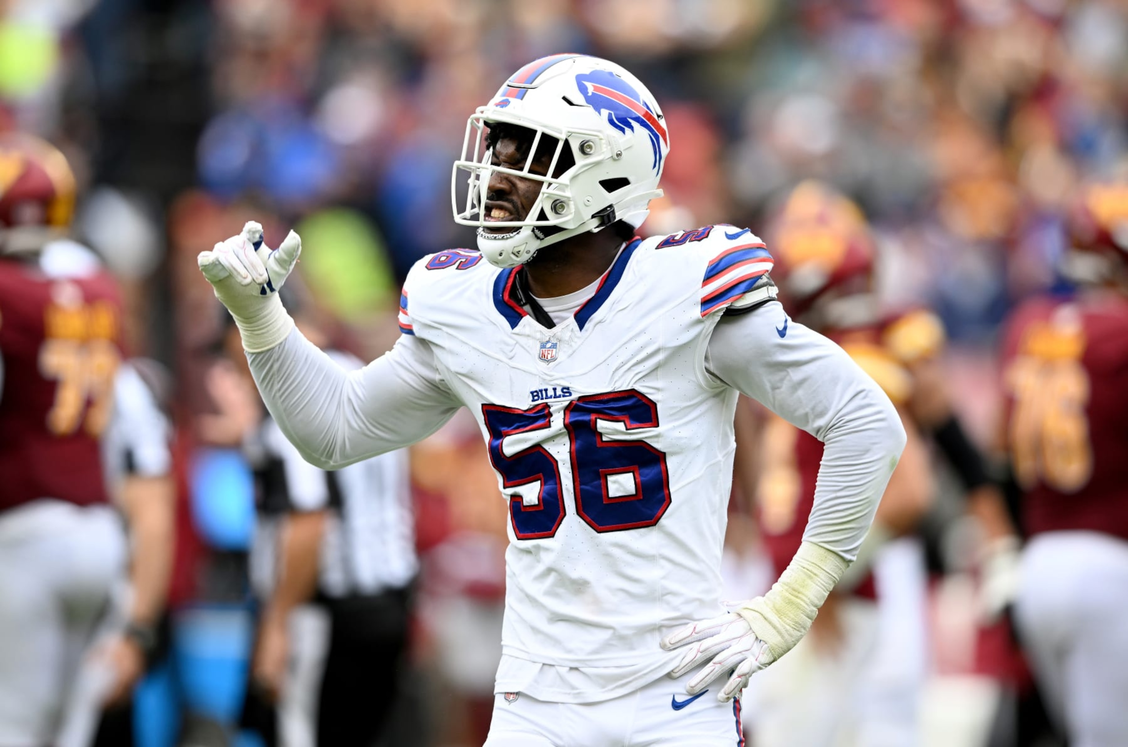 LANDOVER, MARYLAND - SEPTEMBER 24: Leonard Floyd #56 of the Buffalo Bills celebrates during the game against the Washington Commanders at FedExField on September 24, 2023 in Landover, Maryland. (Photo by G Fiume/Getty Images) LANDOVER, MARYLAND - SEPTEMBER 24: Leonard Floyd #56 of the Buffalo Bills celebrates during the game against the Washington Commanders at FedExField on September 24, 2023 in Landover, Maryland. (Photo by G Fiume/Getty Images)