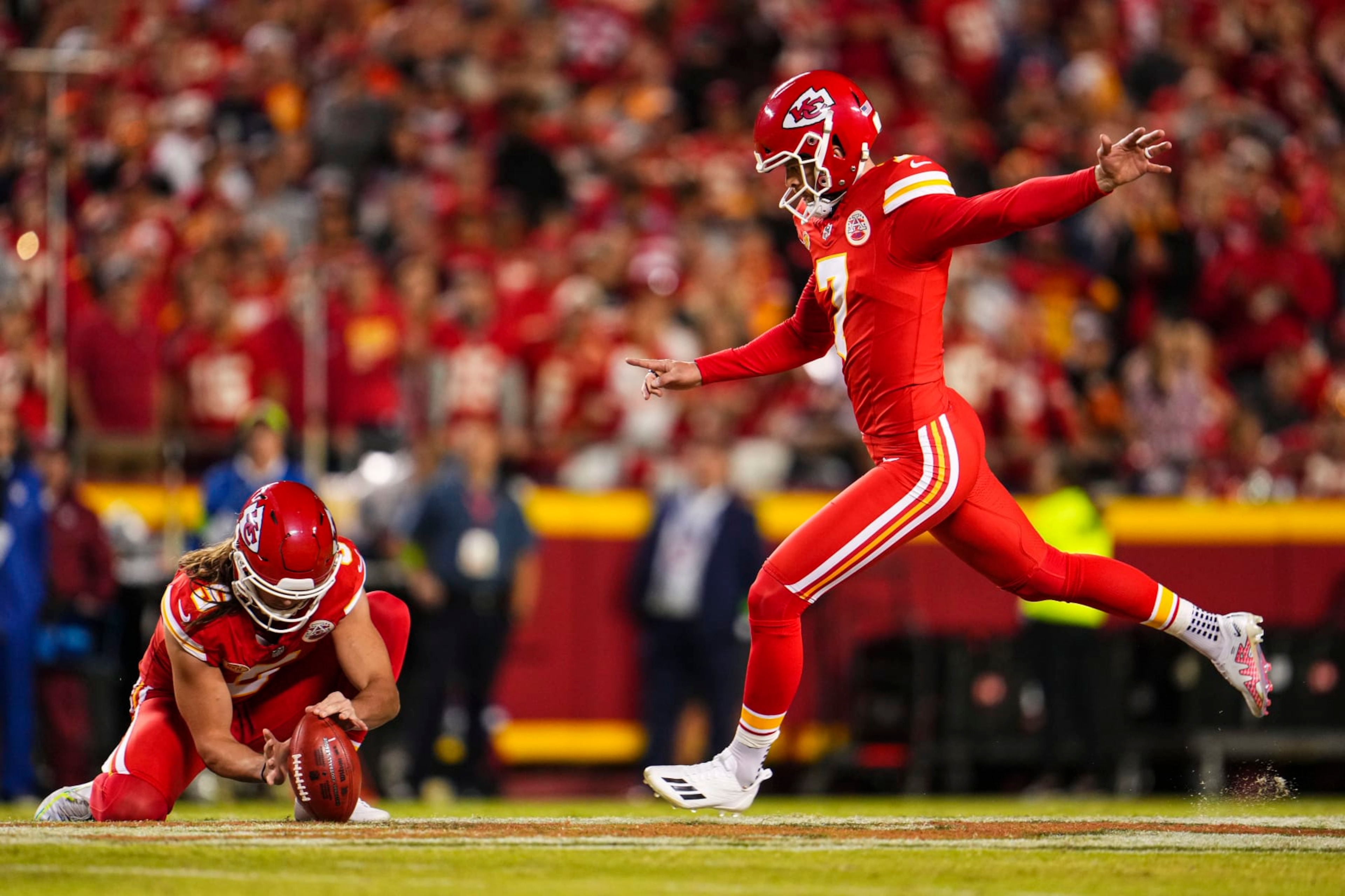 KANSAS CITY, MO - OCTOBER 12: Harrison Butker #7 of the Kansas City Chiefs kicks for a field goal during an NFL football game against the Denver Broncos at GEHA Field at Arrowhead Stadium on October 12, 2023 in Kansas City, Missouri. (Photo by Cooper Neill/Getty Images) KANSAS CITY, MO - OCTOBER 12: Harrison Butker #7 of the Kansas City Chiefs kicks for a field goal during an NFL football game against the Denver Broncos at GEHA Field at Arrowhead Stadium on October 12, 2023 in Kansas City, Missouri. (Photo by Cooper Neill/Getty Images)