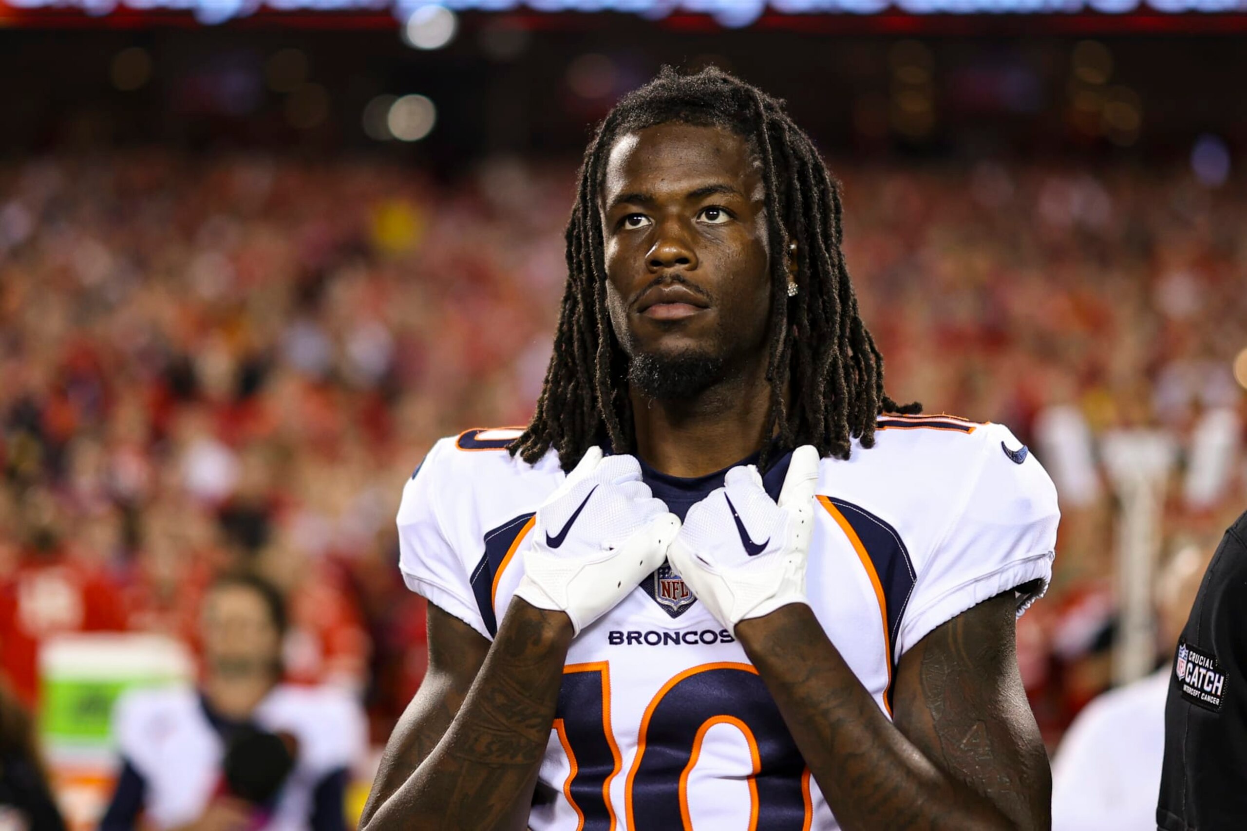 KANSAS CITY, MO - OCTOBER 12: Jerry Jeudy #10 of the Denver Broncos looks on from the sideline during the national anthem prior to an NFL football game against the Kansas City Chiefs at GEHA Field at Arrowhead Stadium on October 12, 2023 in Kansas City, Missouri. (Photo by Perry Knotts/Getty Images)