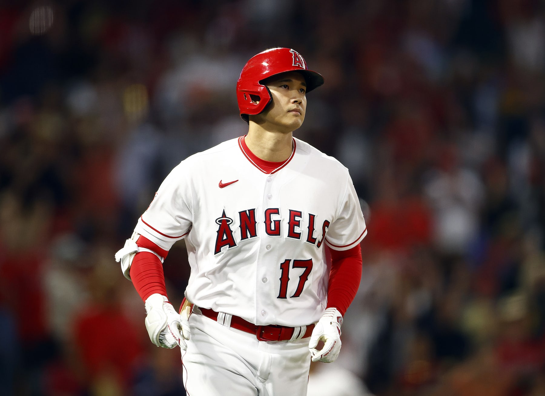 ANAHEIM, CALIFORNIA - JUNE 30:  Shohei Ohtani #17 of the Los Angeles Angels hits a home run against the Arizona Diamondbacks in the sixth inning at Angel Stadium of Anaheim on June 30, 2023 in Anaheim, California. (Photo by Ronald Martinez/Getty Images)