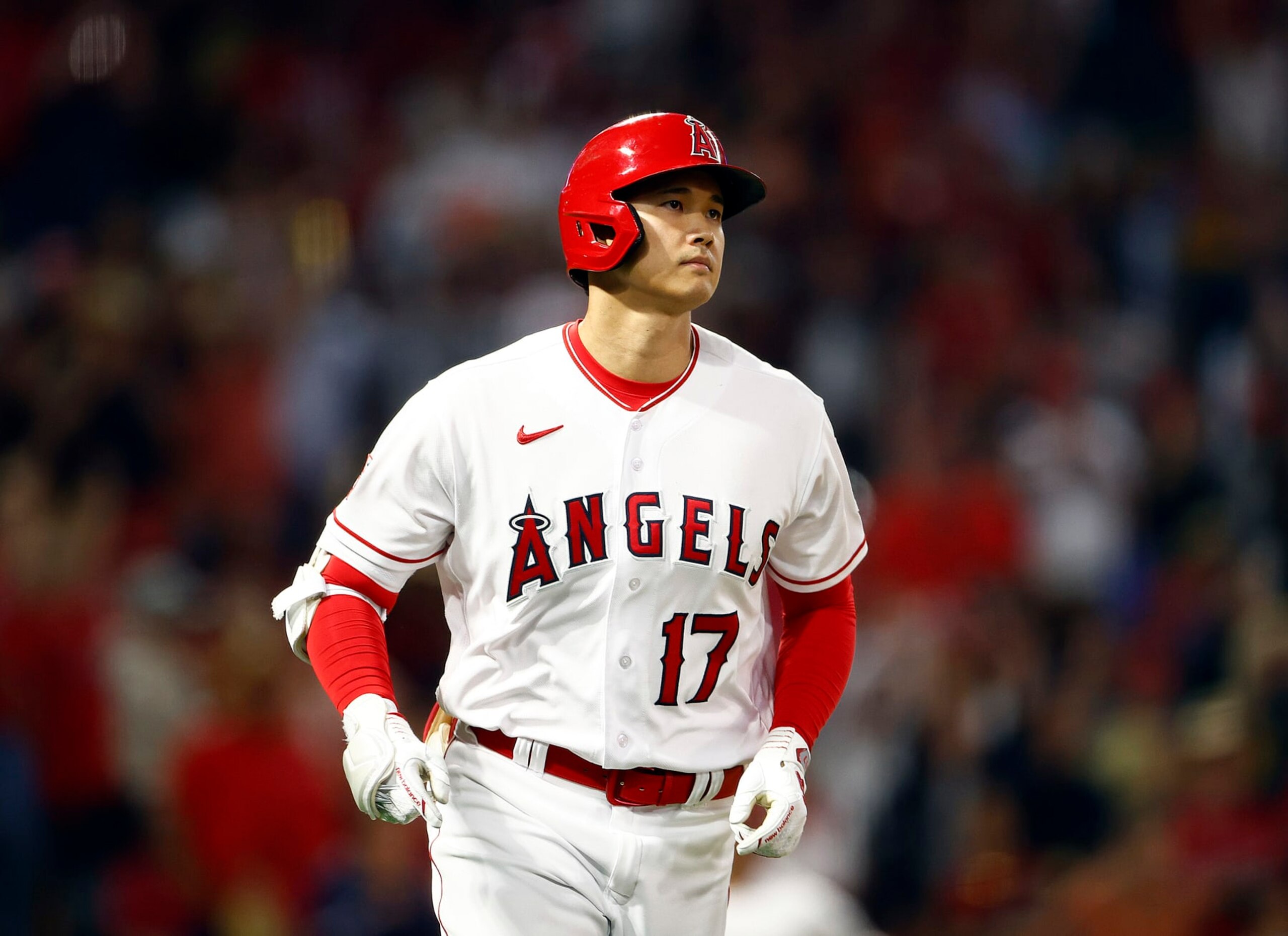 ANAHEIM, CALIFORNIA - JUNE 30:  Shohei Ohtani #17 of the Los Angeles Angels hits a home run against the Arizona Diamondbacks in the sixth inning at Angel Stadium of Anaheim on June 30, 2023 in Anaheim, California. (Photo by Ronald Martinez/Getty Images)