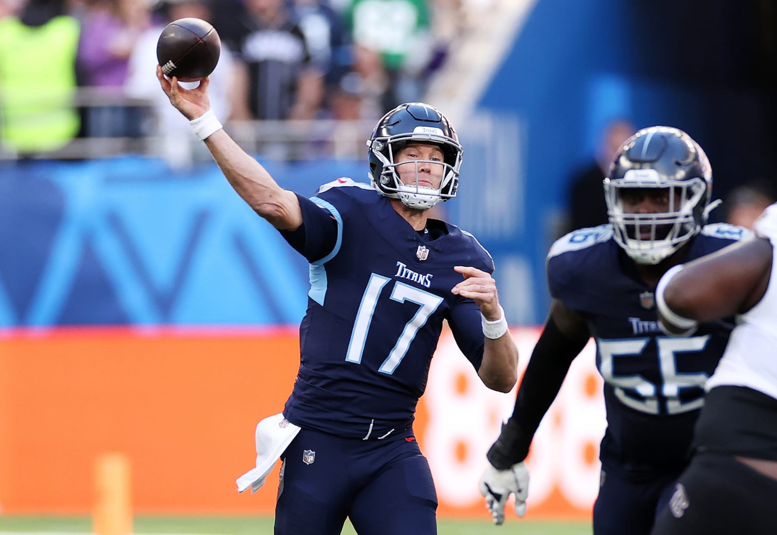 LONDON, ENGLAND - OCTOBER 15: Ryan Tannehill #17 of the Tennessee Titans throws a pass in the second quarter during the 2023 NFL London Games match between Baltimore Ravens and Tennessee Titans at Tottenham Hotspur Stadium on October 15, 2023 in London, England. (Photo by Ryan Pierse/Getty Images)
