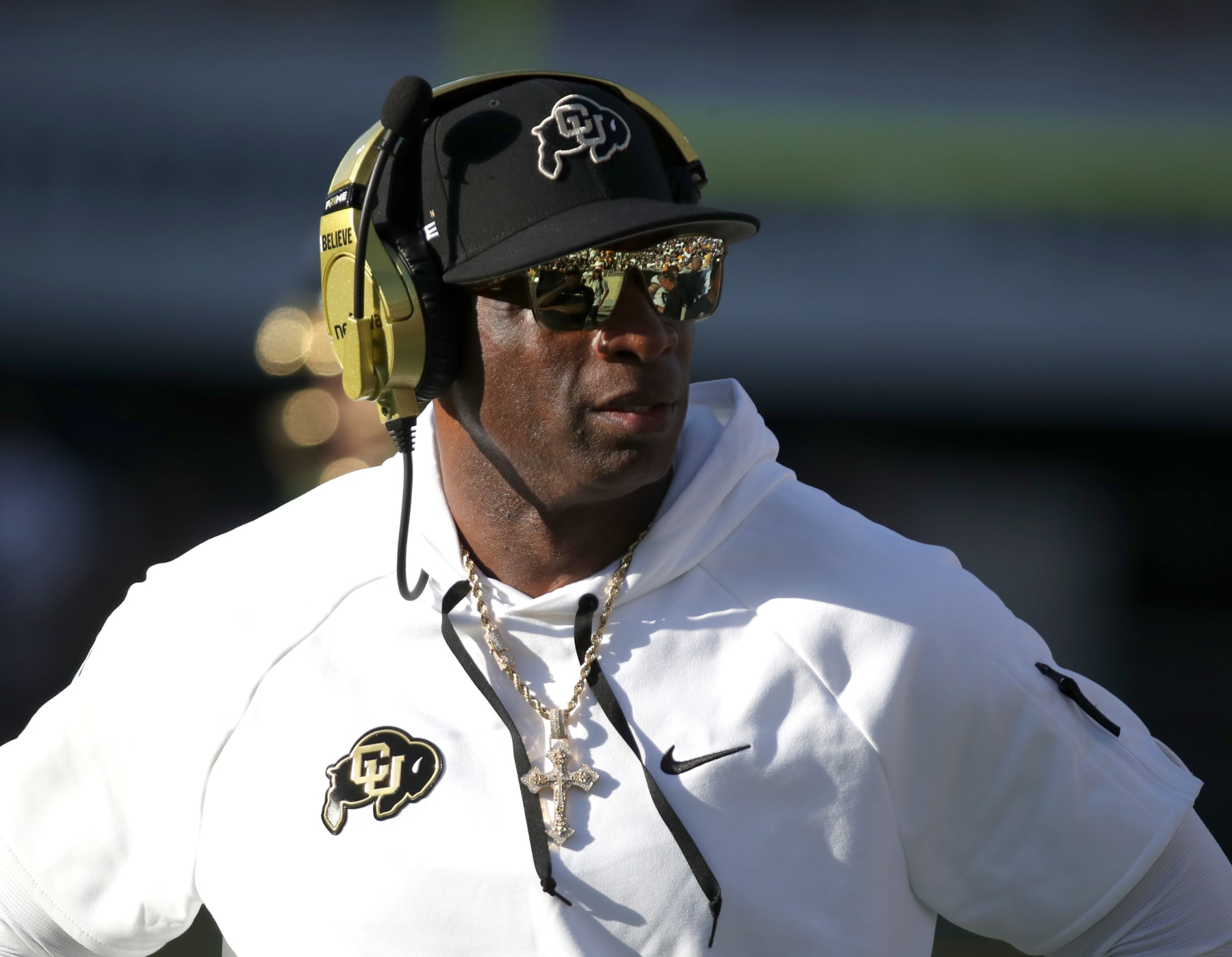 TEMPE, ARIZONA - OCTOBER 7: Head Coach Deion Sanders of the University of Colorado Buffs watches his team from the sidelines during the University of Colorado Buffs versus the Arizona State Sun Devils football game at Mountain America Stadium on October 7, 2023 in Tempe, Arizona. (Photo by Bruce Yeung/Getty Images)