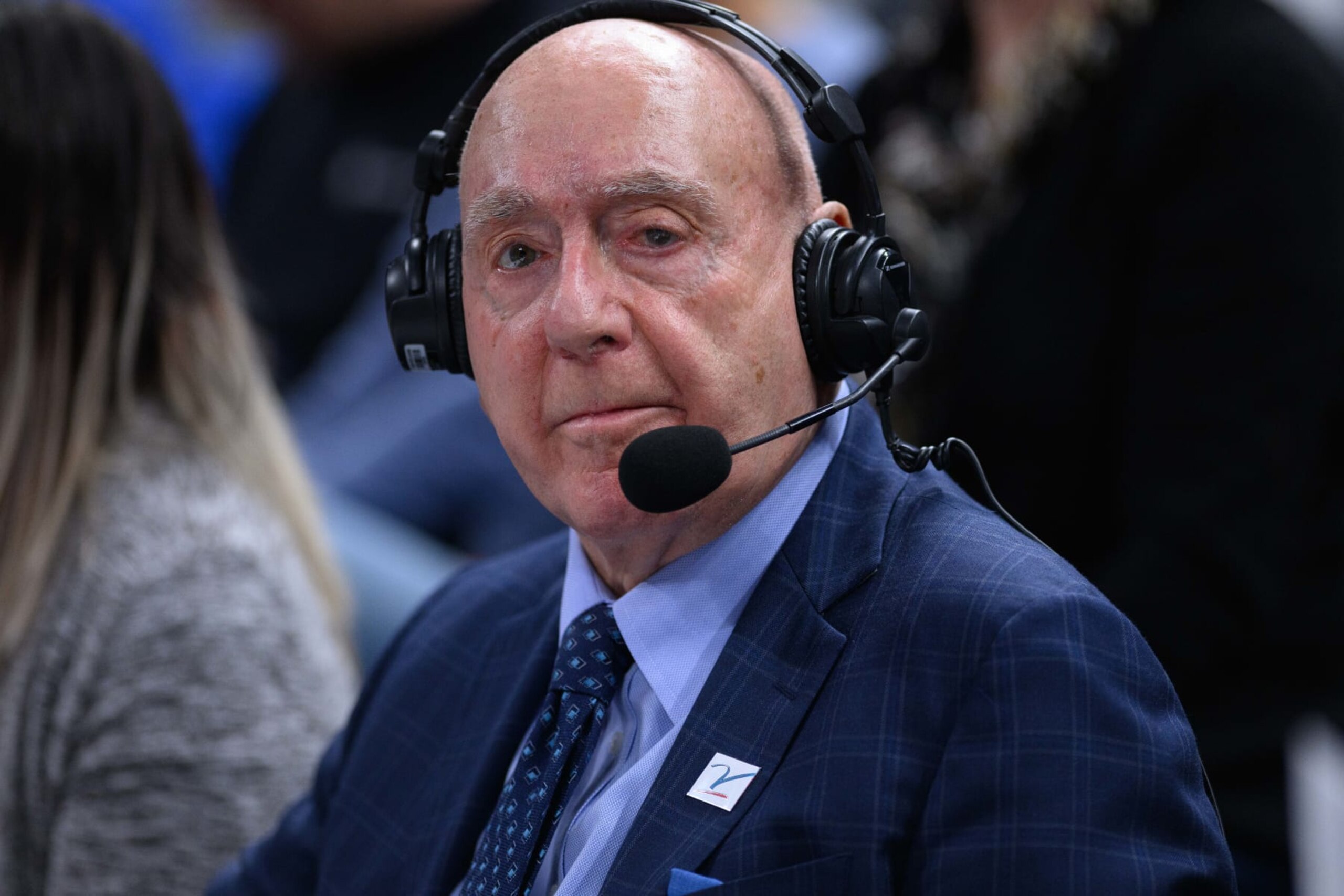INDIANAPOLIS, IN - NOVEMBER 15: Dick Vitale on the sidelines during the men's Champions Classic college basketball game between the Kentucky Wildcats and Michigan State Spartans on November 15, 2022, at Gainbridge Fieldhouse in Indianapolis, IN. (Photo by Zach Bolinger/Icon Sportswire via Getty Images)