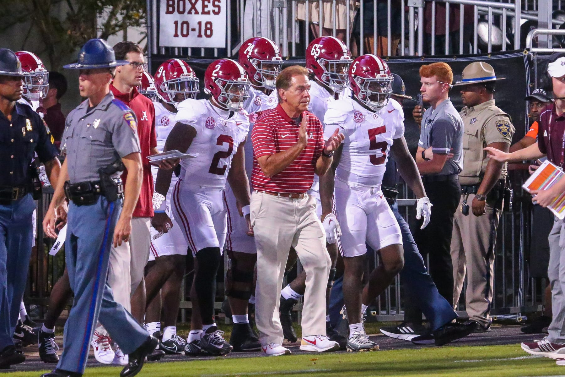 STARKVILLE, MS - SEPTEMBER 30: Alabama Crimson Tide head coach Nick Saban leads his team on to the field before the game between the Mississippi State Bulldogs and the Alabama Crimson Tide on September 30, 2023 at Davis Wade Stadium at Scott Field in Starkville, MS. (Photo by Chris McDill/Icon Sportswire via Getty Images)