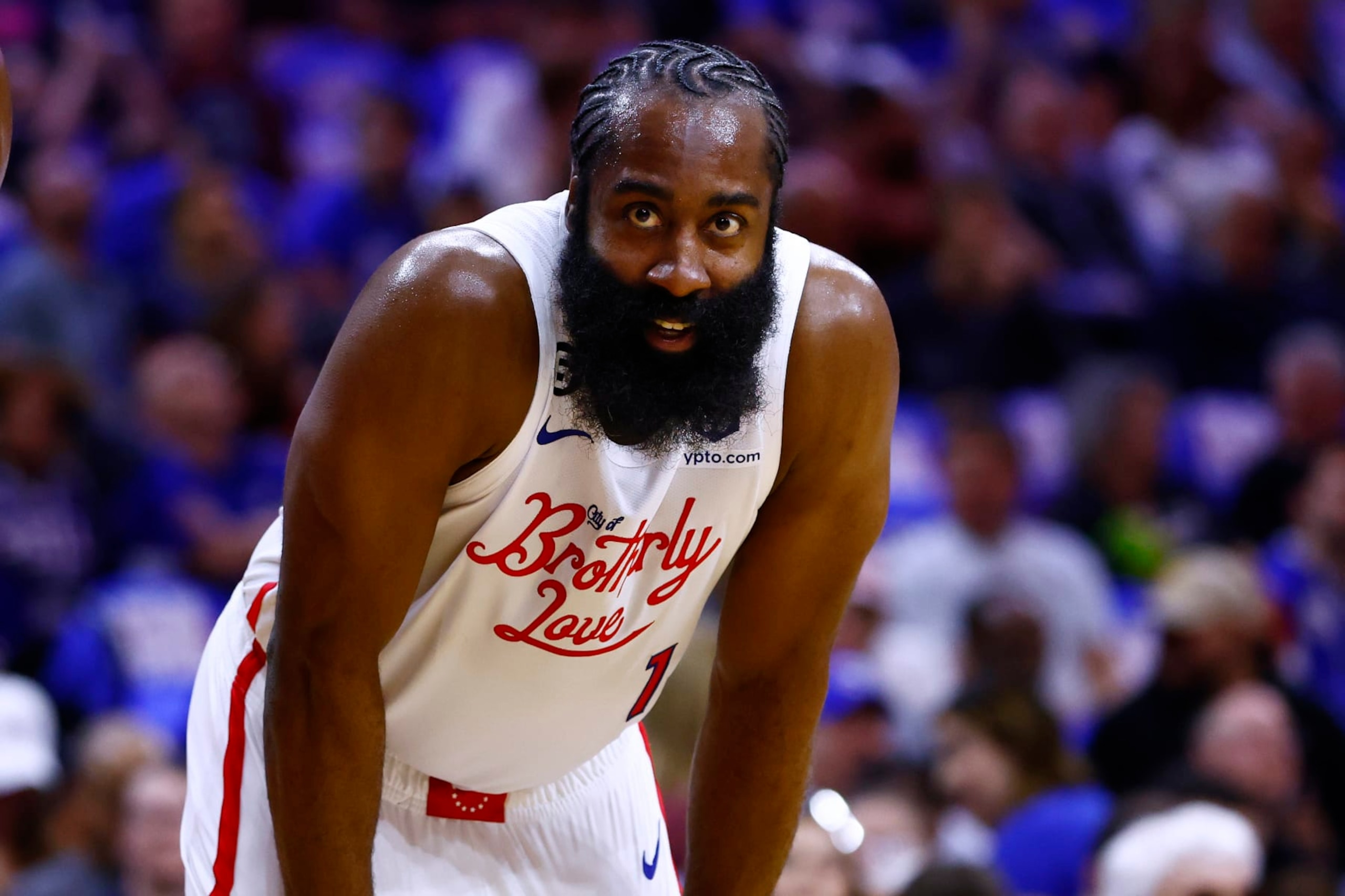 PHILADELPHIA, PA - APRIL 06: James Harden #1 of the Philadelphia 76ers in action against the Miami Heat during a game at Wells Fargo Center on April 6, 2023 in Philadelphia, Pennsylvania. The Heat defeated the 76ers 129-101. NOTE TO USER: User expressly acknowledges and agrees that, by downloading and or using this photograph, User is consenting to the terms and conditions of the Getty Images License Agreement. (Photo by Rich Schultz/Getty Images) PHILADELPHIA, PA - APRIL 06: James Harden #1 of the Philadelphia 76ers in action against the Miami Heat during a game at Wells Fargo Center on April 6, 2023 in Philadelphia, Pennsylvania. The Heat defeated the 76ers 129-101. NOTE TO USER: User expressly acknowledges and agrees that, by downloading and or using this photograph, User is consenting to the terms and conditions of the Getty Images License Agreement. (Photo by Rich Schultz/Getty Images)