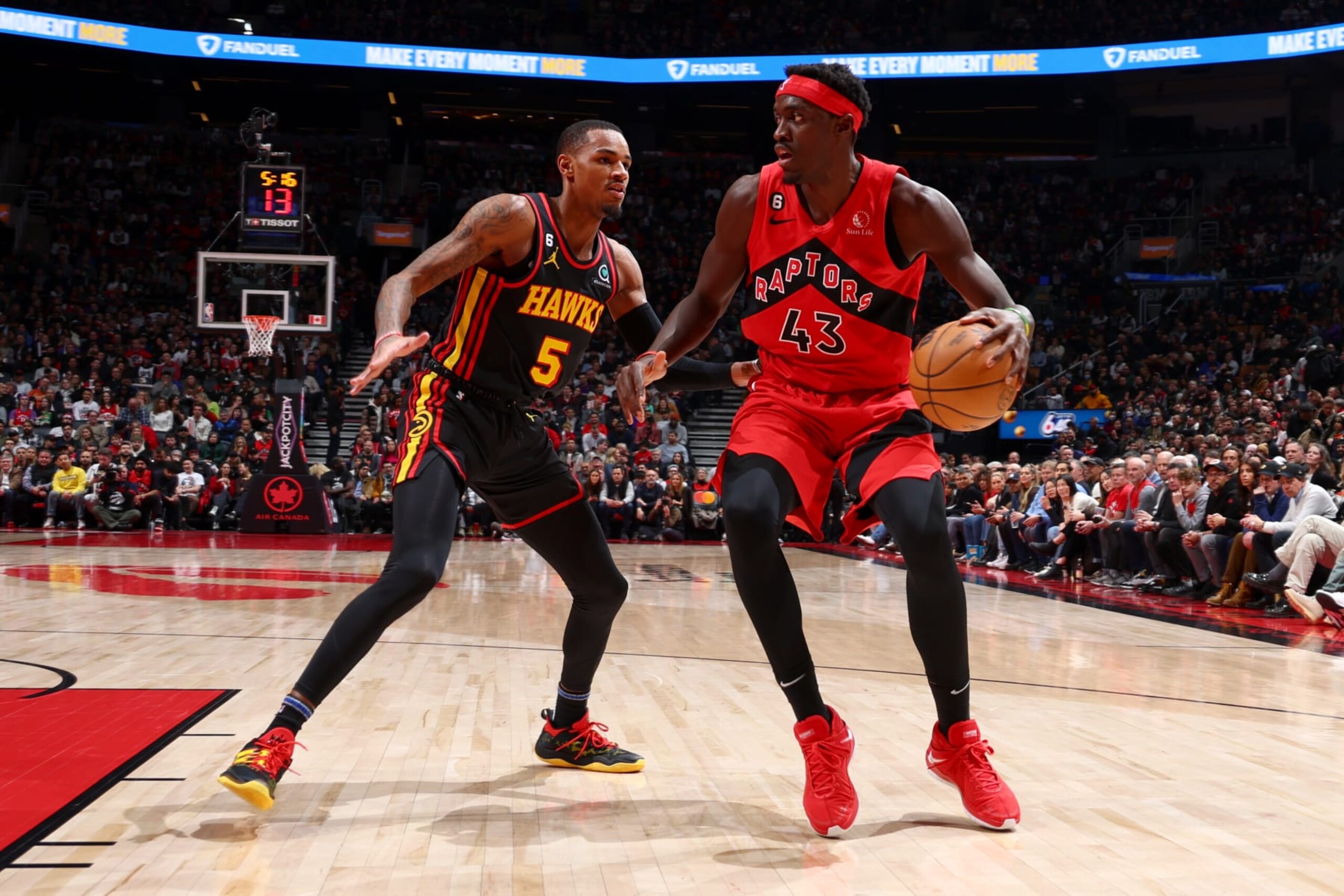 TORONTO, CANADA - JANUARY 14: Pascal Siakam #43 of the Toronto Raptors dribbles the ball during the game against the Atlanta Hawks on January 14, 2023 at the Scotiabank Arena in Toronto, Ontario, Canada. NOTE TO USER: User expressly acknowledges and agrees that, by downloading and or using this Photograph, user is consenting to the terms and conditions of the Getty Images License Agreement. Mandatory Copyright Notice: Copyright 2023 NBAE (Photo by Vaughn Ridley/NBAE via Getty Images) TORONTO, CANADA - JANUARY 14: Pascal Siakam #43 of the Toronto Raptors dribbles the ball during the game against the Atlanta Hawks on January 14, 2023 at the Scotiabank Arena in Toronto, Ontario, Canada. NOTE TO USER: User expressly acknowledges and agrees that, by downloading and or using this Photograph, user is consenting to the terms and conditions of the Getty Images License Agreement. Mandatory Copyright Notice: Copyright 2023 NBAE (Photo by Vaughn Ridley/NBAE via Getty Images)