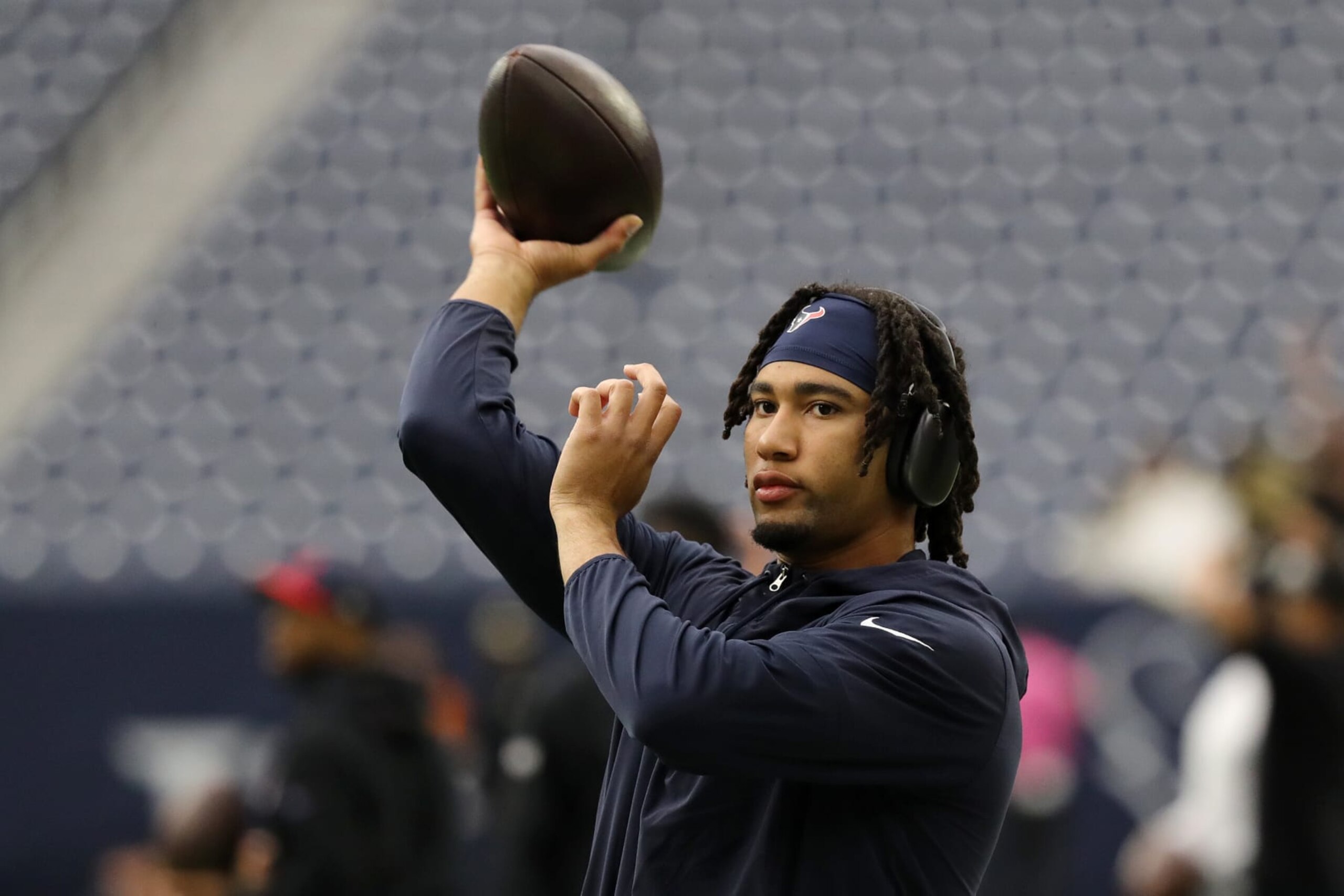HOUSTON, TEXAS - OCTOBER 15: C.J. Stroud #7 of the Houston Texans warms-up prior to a game against the New Orleans Saints at NRG Stadium on October 15, 2023 in Houston, Texas. (Photo by Bob Levey/Getty Images)