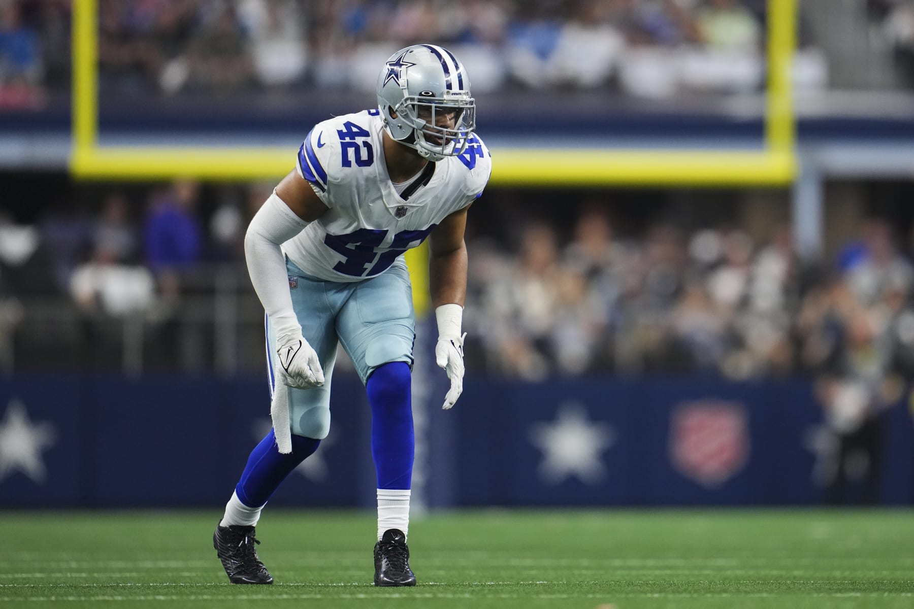 ARLINGTON, TX - OCTOBER 23: Anthony Barr #42 of the Dallas Cowboys gets set against the Detroit Lions at AT&T Stadium on October 23, 2022 in Arlington, Texas. (Photo by Cooper Neill/Getty Images)