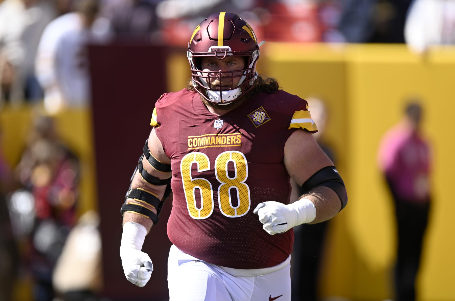 LANDOVER, MARYLAND - OCTOBER 09: Andrew Norwell #68 of the Washington Commanders is introduced before the game against the Tennessee Titans at FedExField on October 09, 2022 in Landover, Maryland. (Photo by G Fiume/Getty Images)