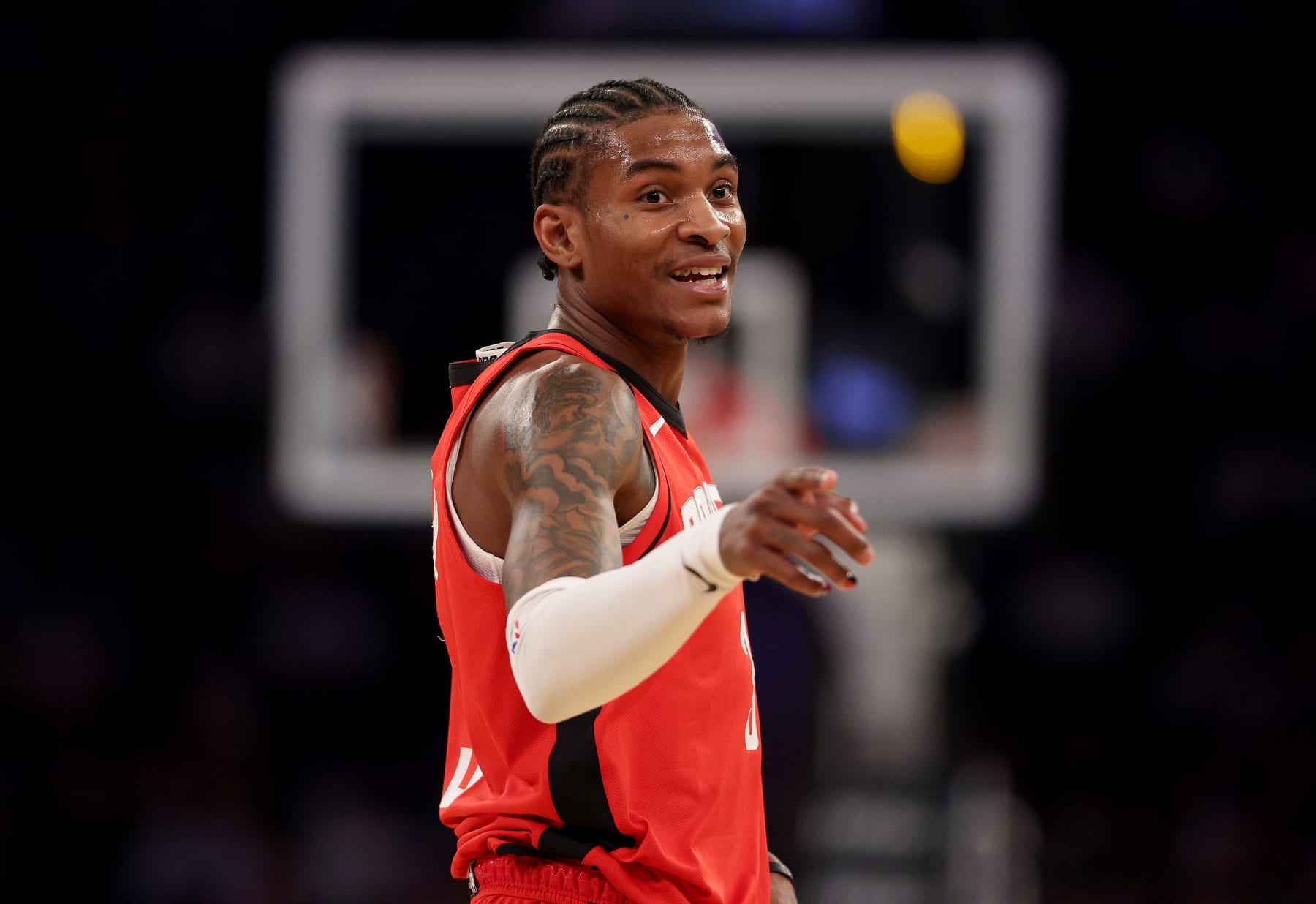 NEW YORK, NEW YORK - MARCH 27: Kevin Porter Jr. #3 of the Houston Rockets reacts during the first half against the New York Knicks at Madison Square Garden on March 27, 2023 in New York City. NOTE TO USER: User expressly acknowledges and agrees that, by downloading and or using this photograph, User is consenting to the terms and conditions of the Getty Images License Agreement. (Photo by Elsa/Getty Images) NEW YORK, NEW YORK - MARCH 27: Kevin Porter Jr. #3 of the Houston Rockets reacts during the first half against the New York Knicks at Madison Square Garden on March 27, 2023 in New York City. NOTE TO USER: User expressly acknowledges and agrees that, by downloading and or using this photograph, User is consenting to the terms and conditions of the Getty Images License Agreement. (Photo by Elsa/Getty Images)