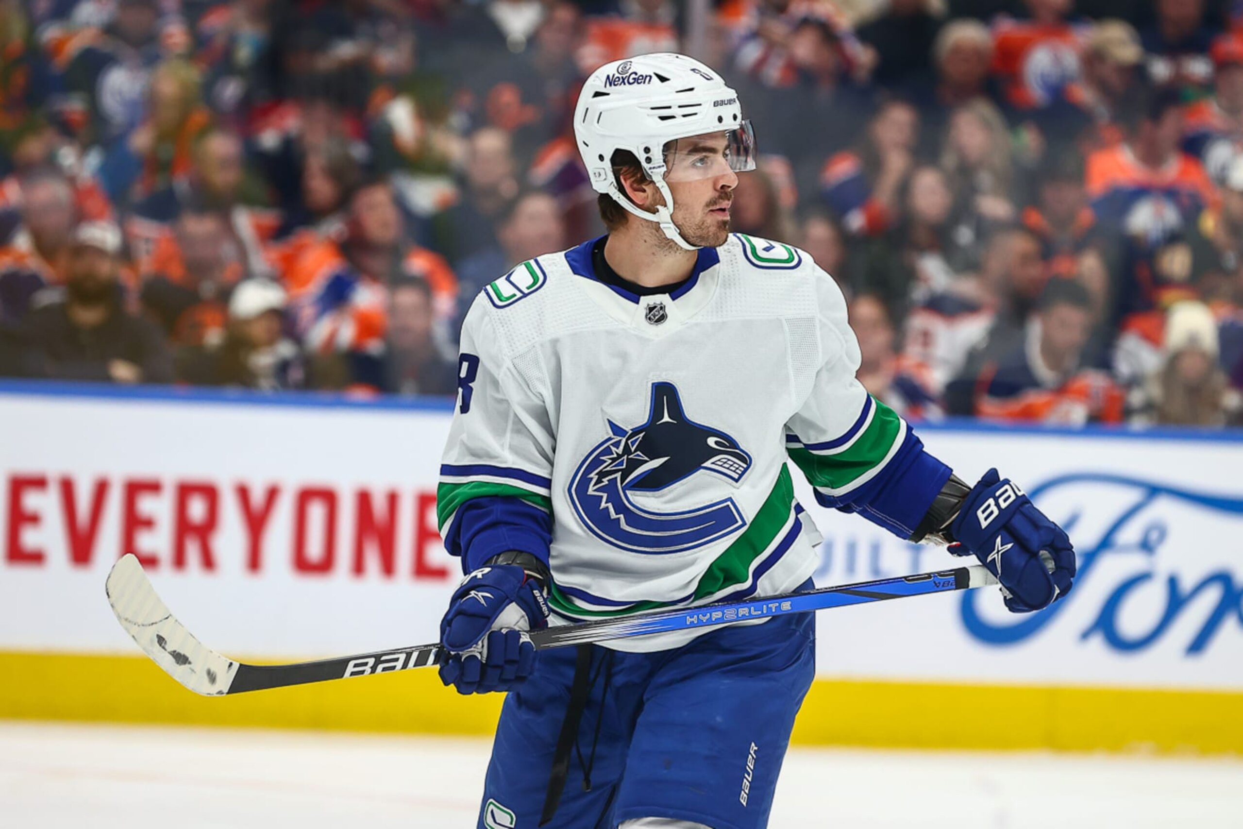 EDMONTON, AB - OCTOBER 14: Vancouver Canucks Right Wing Conor Garland (8) gets some power play time in the second period of the Edmonton Oilers game versus the Vancouver Canucks on October y 14, 2023 at Rogers Place in Edmonton, AB. (Photo by Curtis Comeau/Icon Sportswire via Getty Images)