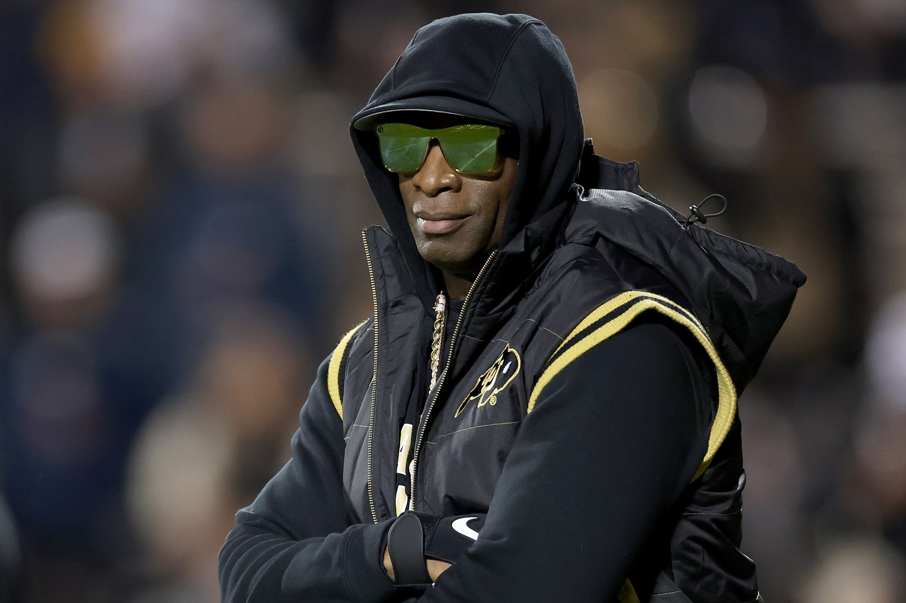 BOULDER, COLORADO - OCTOBER 13: Head coach Deion Sanders of the Colorado Buffaloes walks on the field during pregame against the Stanford Cardinal at Folsom Field on October 13, 2023 in Boulder, Colorado. (Photo by Matthew Stockman/Getty Images)