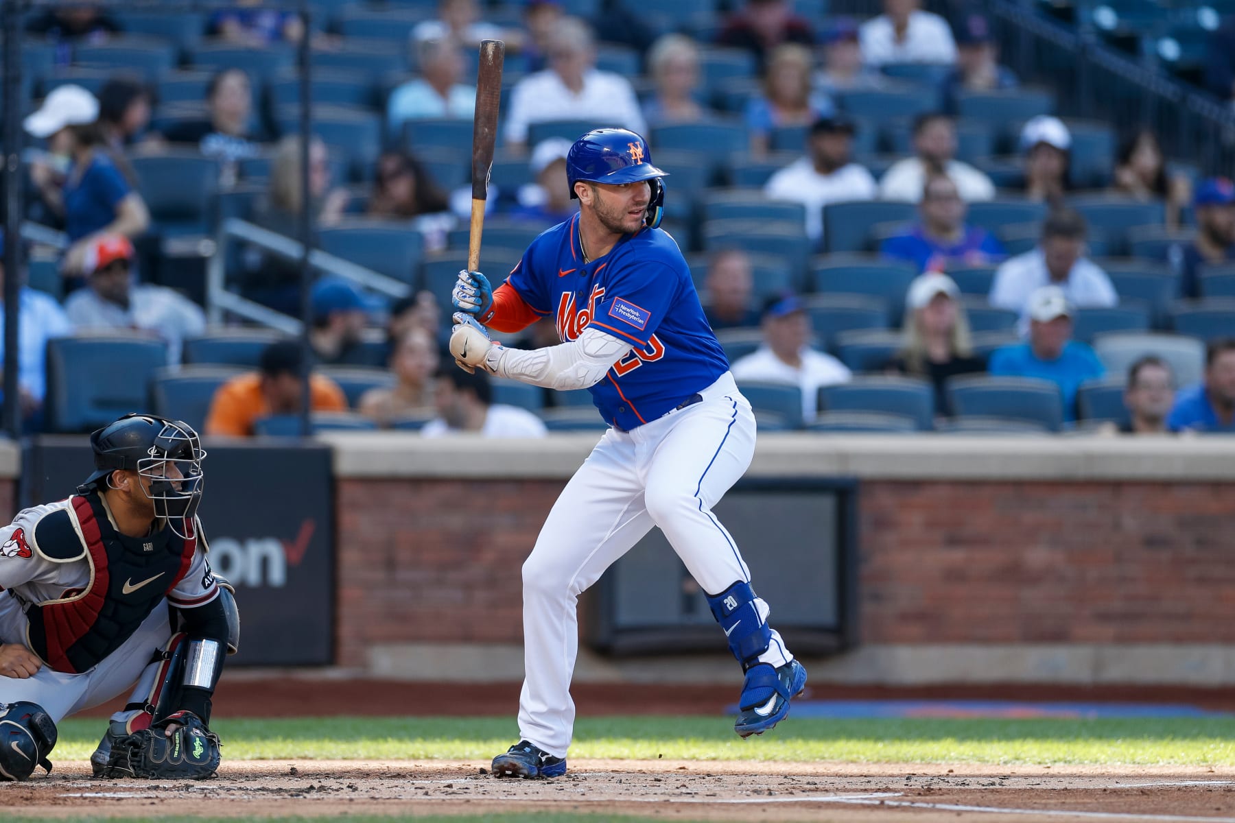 NEW YORK, NEW YORK - SEPTEMBER 14: Pete Alonso #20 of the New York Mets waits for a pitch during a game against the Arizona Diamondbacks at Citi Field on September 14, 2023 in New York City. (Photo by Brandon Sloter/Image Of Sport/Getty Images)