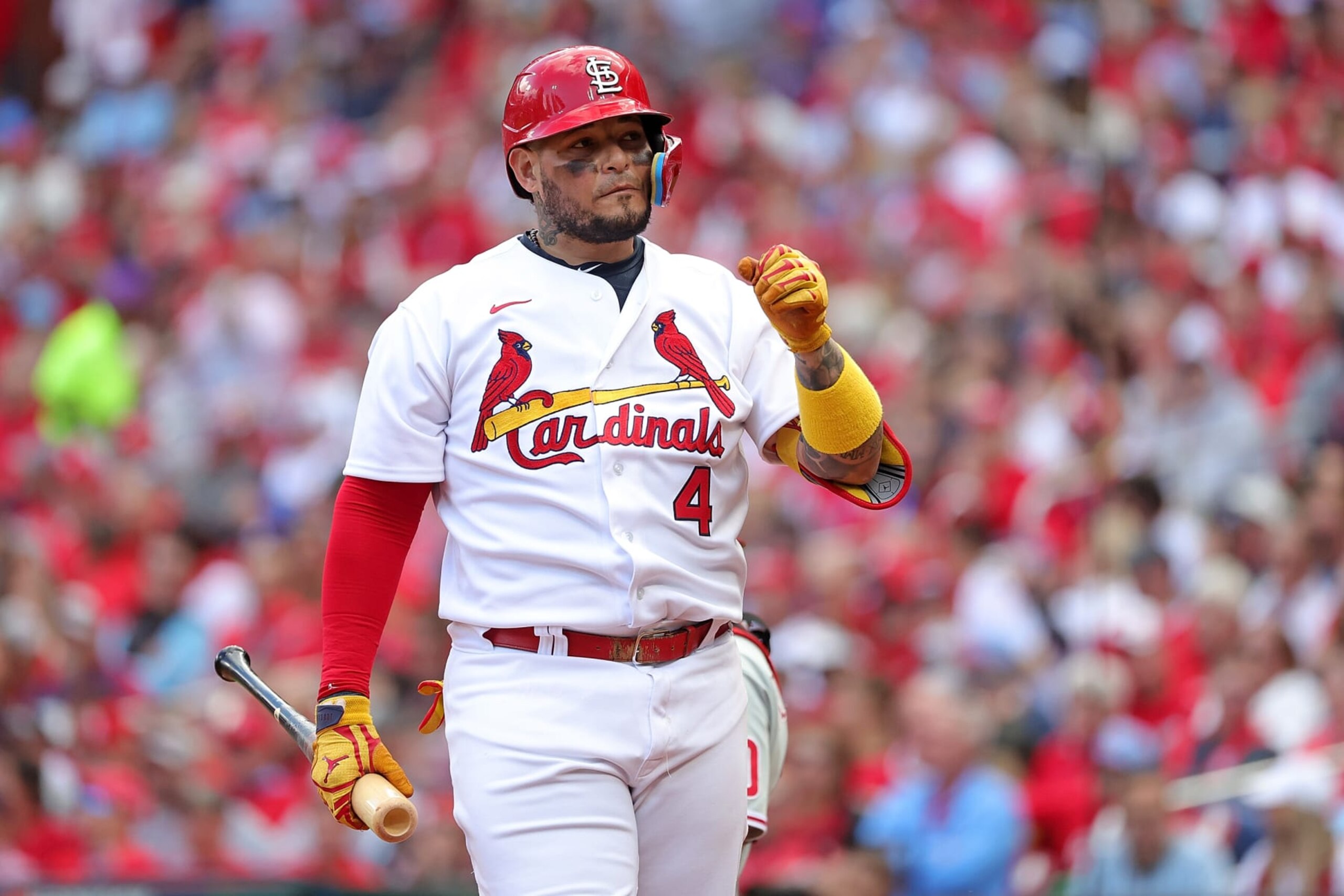 ST LOUIS, MISSOURI - OCTOBER 07: Yadier Molina #4 of the St. Louis Cardinals at bat during Game One of the NL Wild Card series against the Philadelphia Phillies at Busch Stadium on October 07, 2022 in St Louis, Missouri.  The Phillies defeated the Cardinals 6-3. (Photo by Stacy Revere/Getty Images)