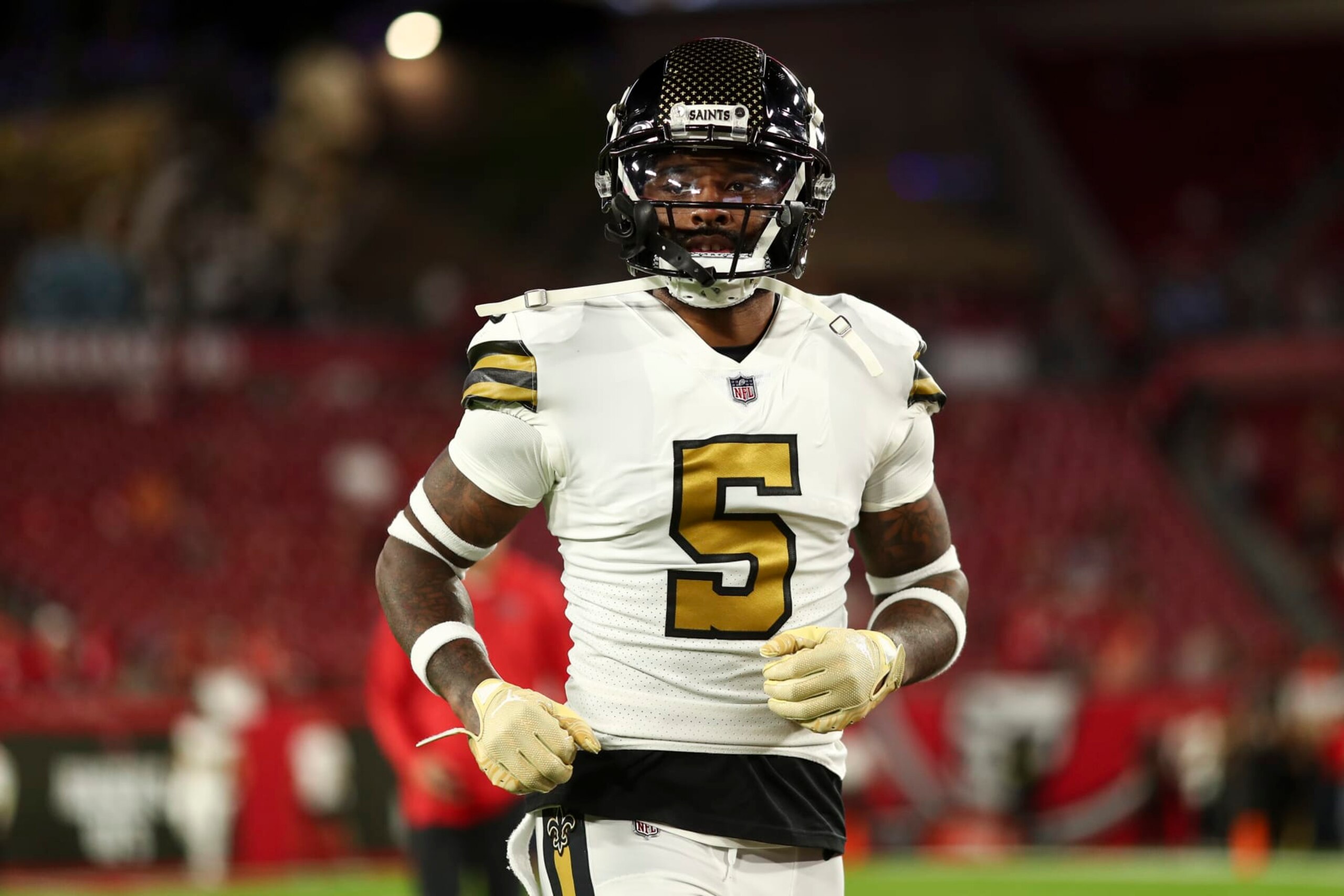 TAMPA, FL - DECEMBER 5: Jarvis Landry #5 of the New Orleans Saints warms up prior to an NFL football game against the Tampa Bay Buccaneers at Raymond James Stadium on December 5, 2022 in Tampa, Florida. (Photo by Kevin Sabitus/Getty Images)