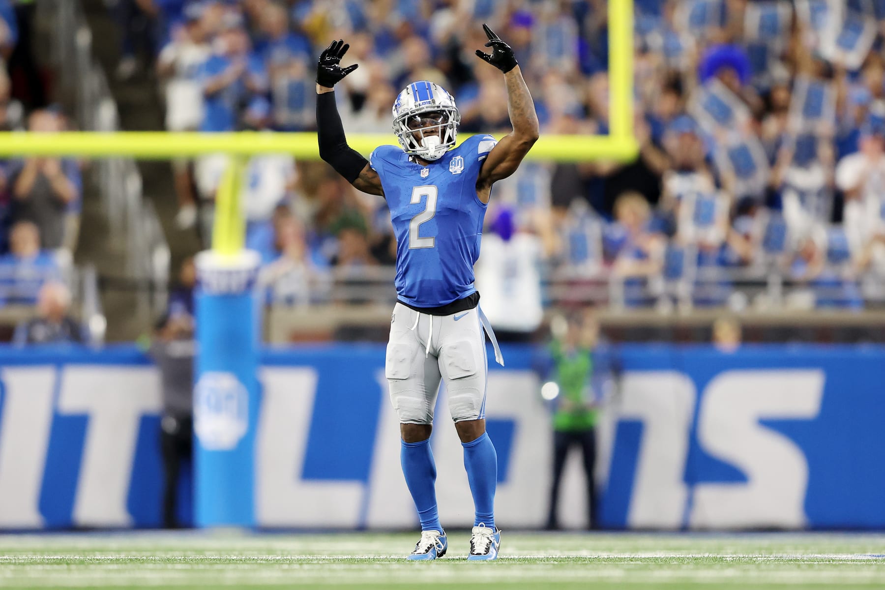 DETROIT, MICHIGAN - SEPTEMBER 17: C.J. Gardner-Johnson #2 of the Detroit Lions reacts after a play during the first quarter in the game against the Seattle Seahawks at Ford Field on September 17, 2023 in Detroit, Michigan. (Photo by Rey Del Rio/Getty Images)