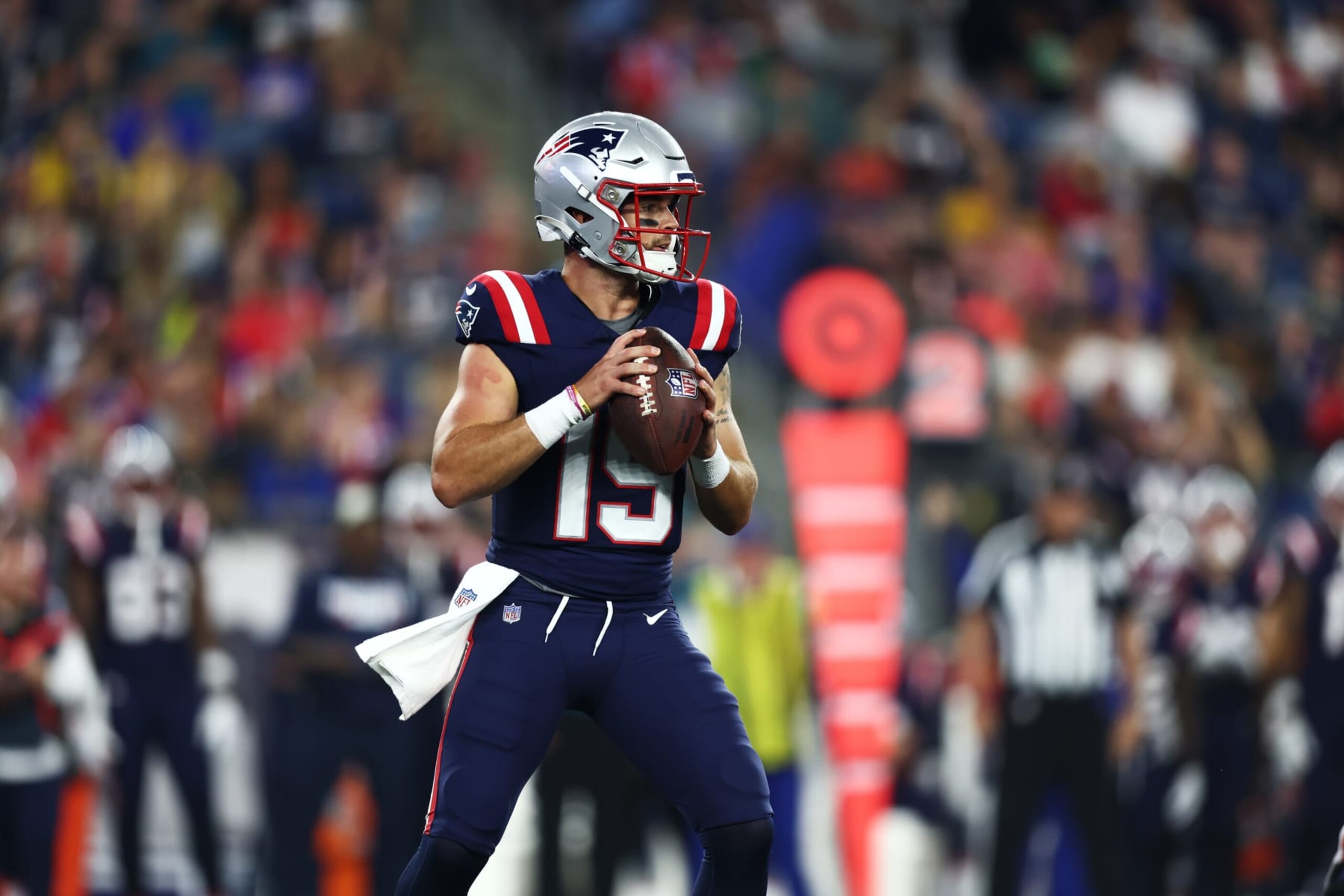 FOXBOROUGH, MASSACHUSETTS - AUGUST 10: Trace McSorley #19 of the New England Patriots looks to pass during the third quarter during the preseason game against the Houston Texans at Gillette Stadium on August 10, 2023 in Foxborough, Massachusetts. (Photo by Omar Rawlings/Getty Images)