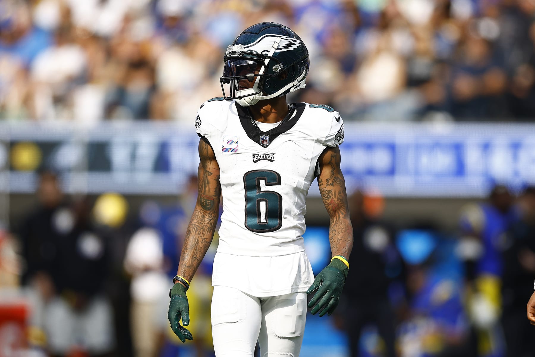 INGLEWOOD, CALIFORNIA - OCTOBER 08:   DeVonta Smith #6 of the Philadelphia Eagles at SoFi Stadium on October 08, 2023 in Inglewood, California. (Photo by Ronald Martinez/Getty Images)