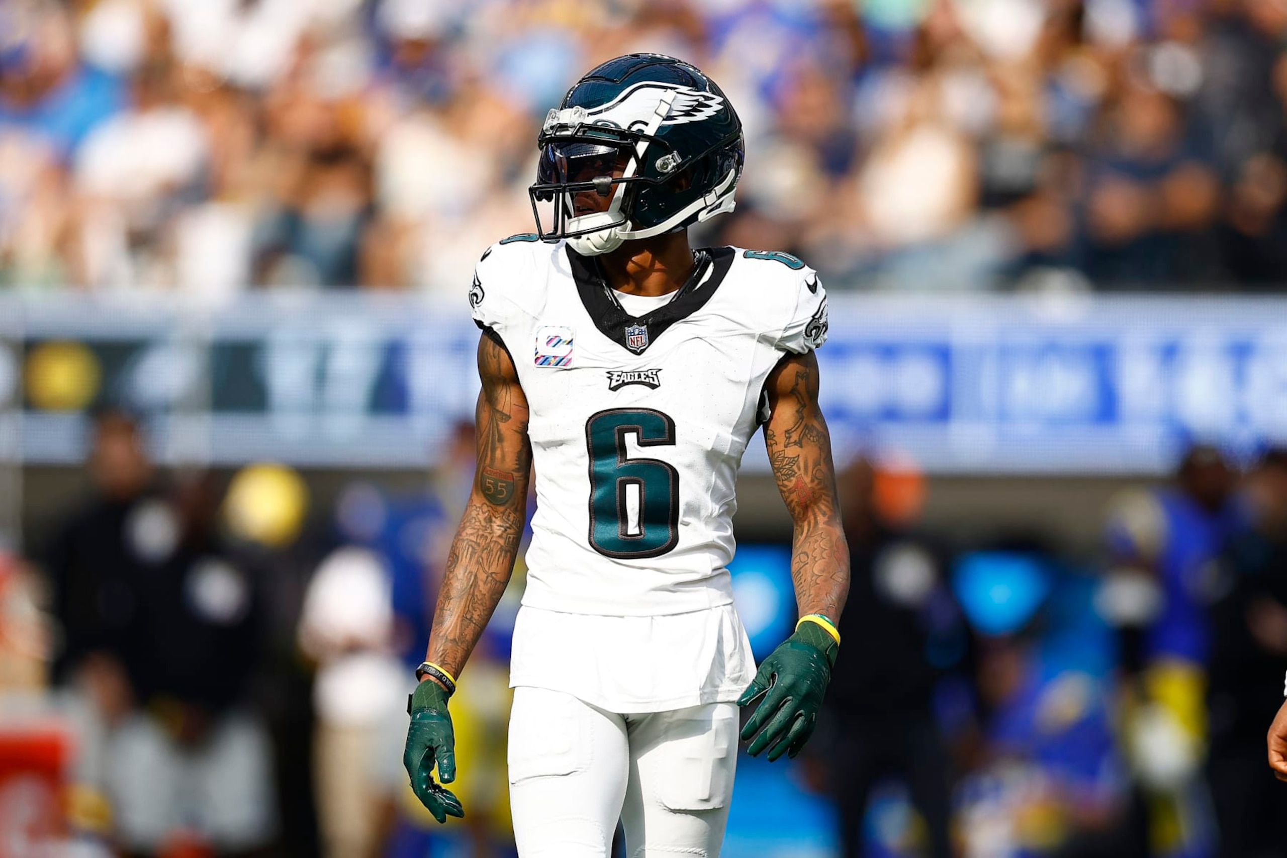 INGLEWOOD, CALIFORNIA - OCTOBER 08:   DeVonta Smith #6 of the Philadelphia Eagles at SoFi Stadium on October 08, 2023 in Inglewood, California. (Photo by Ronald Martinez/Getty Images)